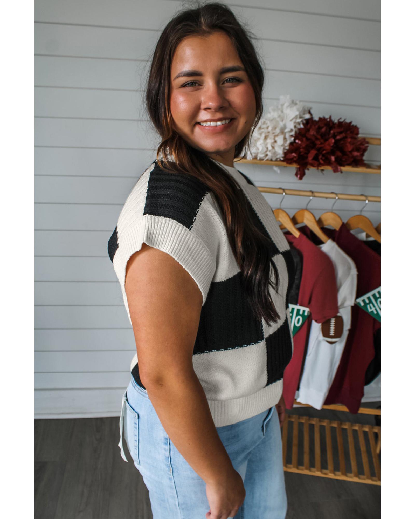 V539-AZEXDC2725991-P222-S-202506140311-07 Black Checkered Color Block Crew Neck Short Sleeve Sweater - S - Image 8