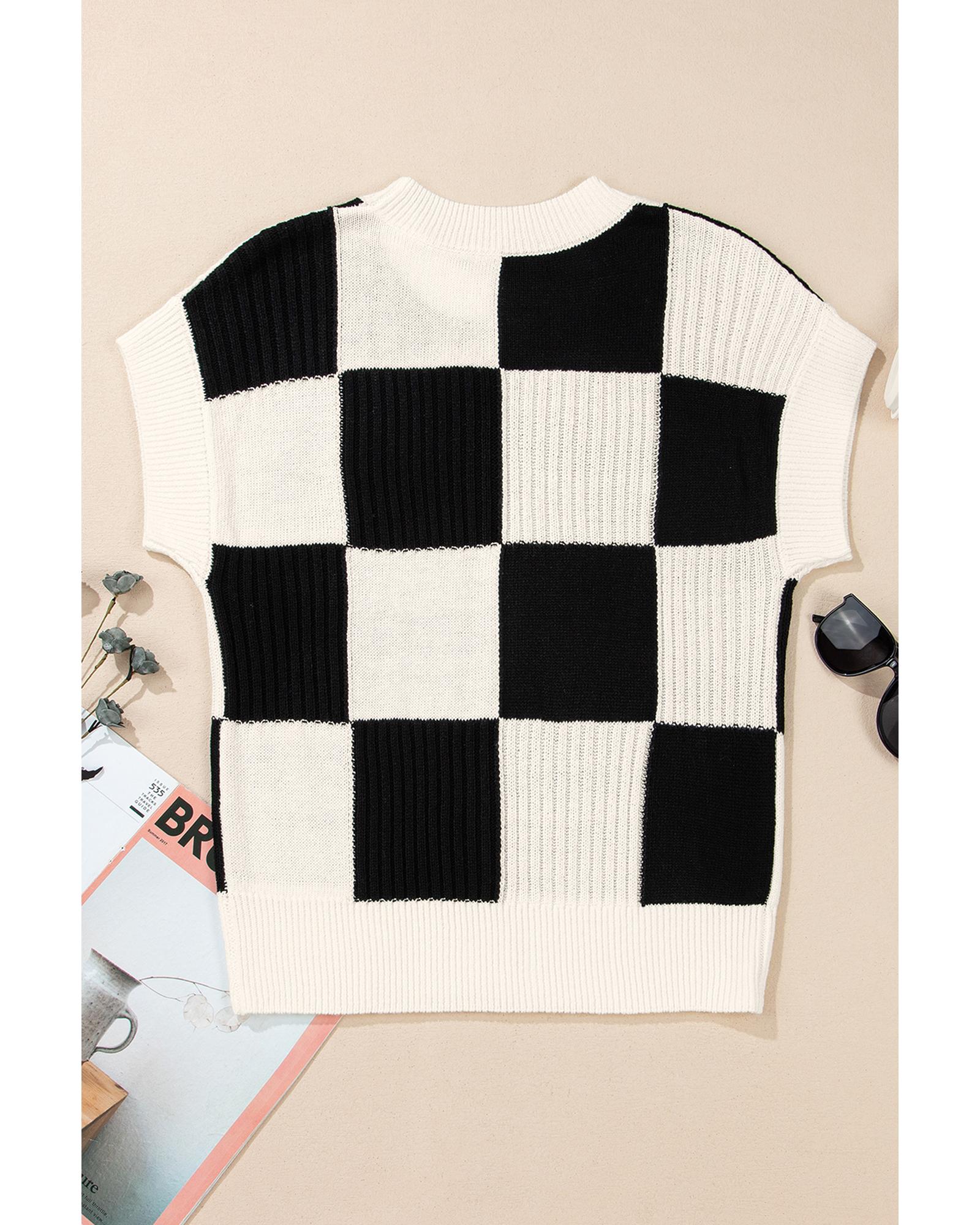V539-AZEXDC2725991-P222-XL-202508280806-01 Black Checkered Color Block Crew Neck Short Sleeve Sweater - XL - Image 2