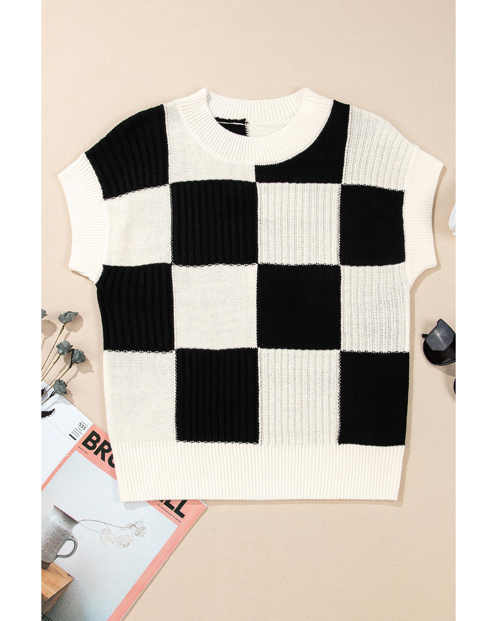 V539-AZEXDC2725991-P222-XL-202508280806-02 Black Checkered Color Block Crew Neck Short Sleeve Sweater - XL - Image 3