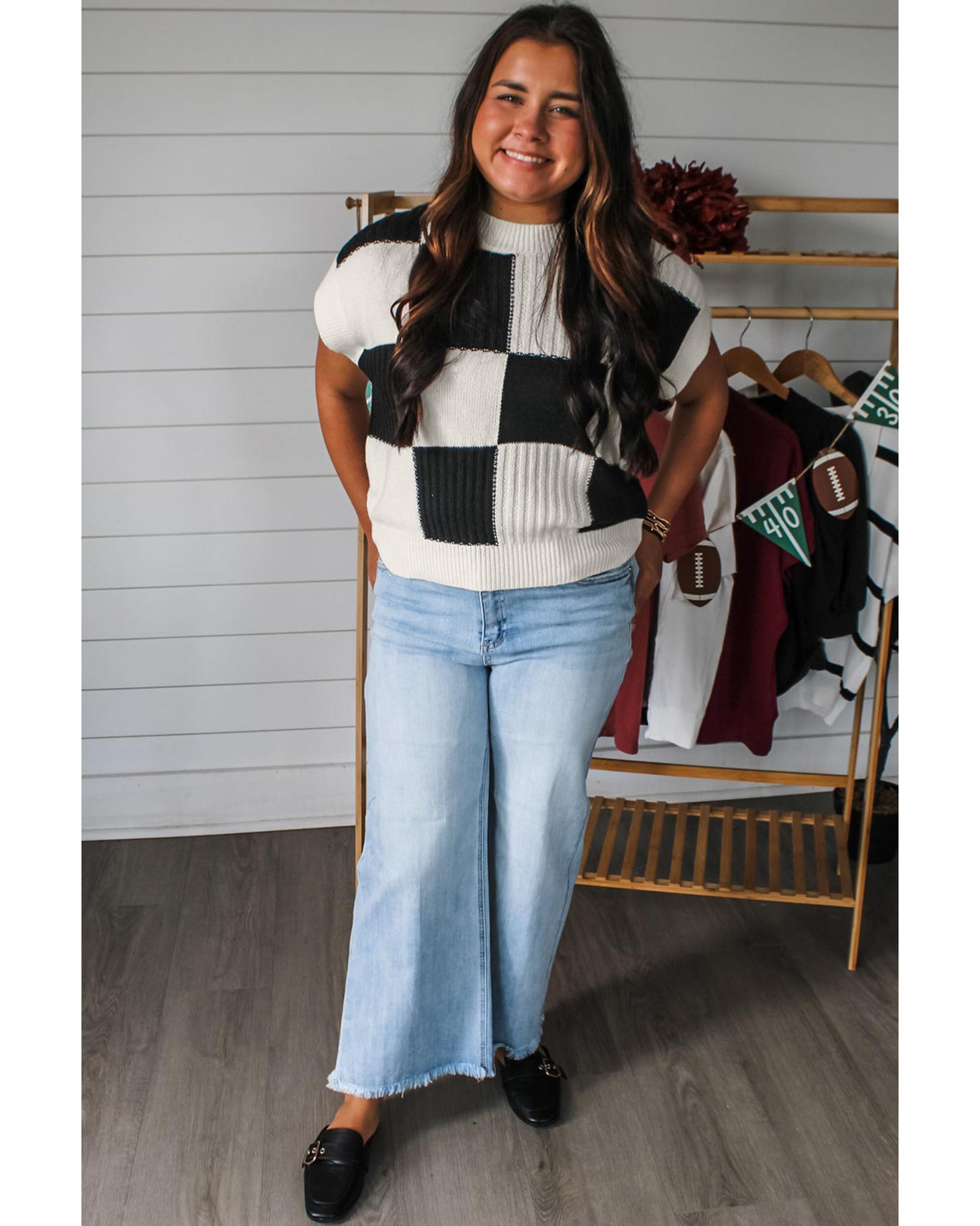 V539-AZEXDC2725991-P222-XL-202508280806-04 Black Checkered Color Block Crew Neck Short Sleeve Sweater - XL - Image 5