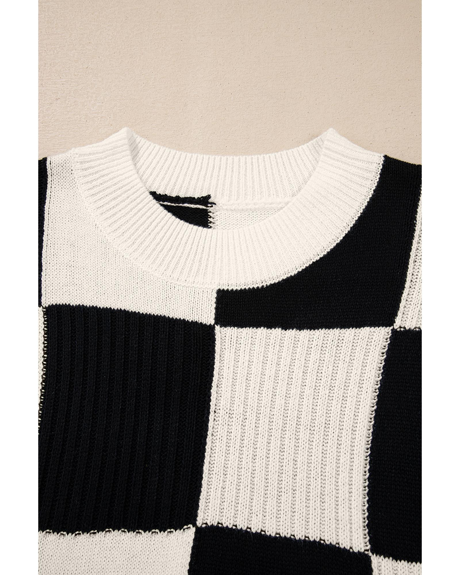 V539-AZEXDC2725991-P222-XL-202508280806-05 Black Checkered Color Block Crew Neck Short Sleeve Sweater - XL - Image 6
