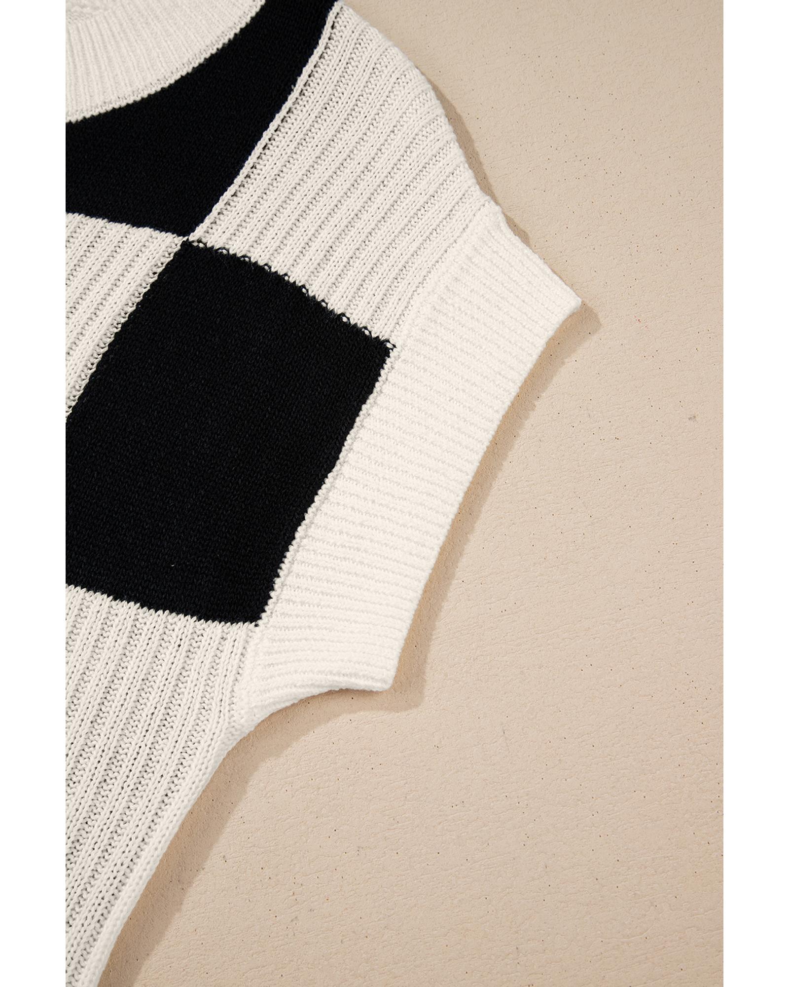 V539-AZEXDC2725991-P222-XL-202508280806-06 Black Checkered Color Block Crew Neck Short Sleeve Sweater - XL - Image 7