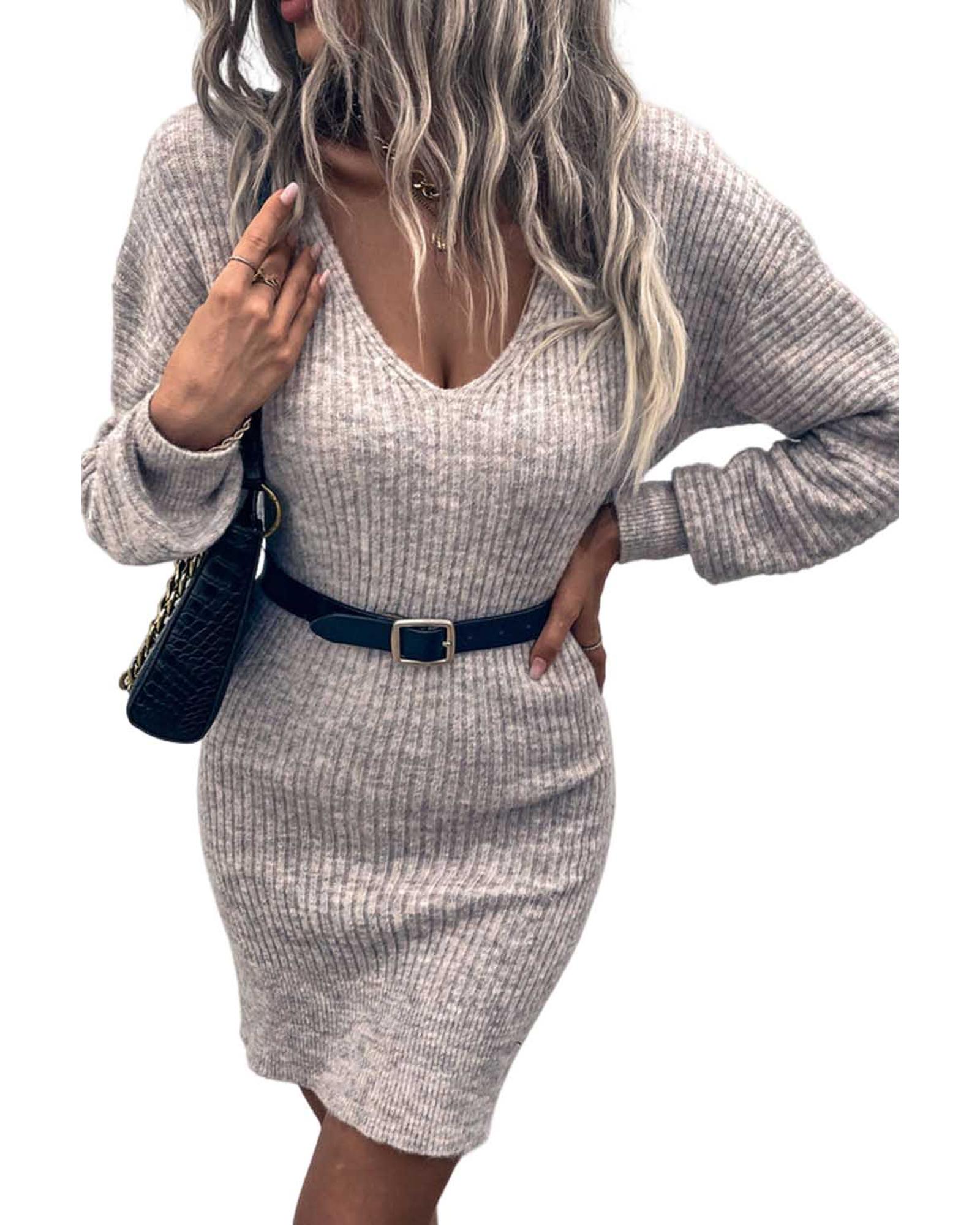 V539-AZEXDC273474-11-XL-202508281530-00 Gray V Neck Bodycon Sweater Dress - XL - Image 1