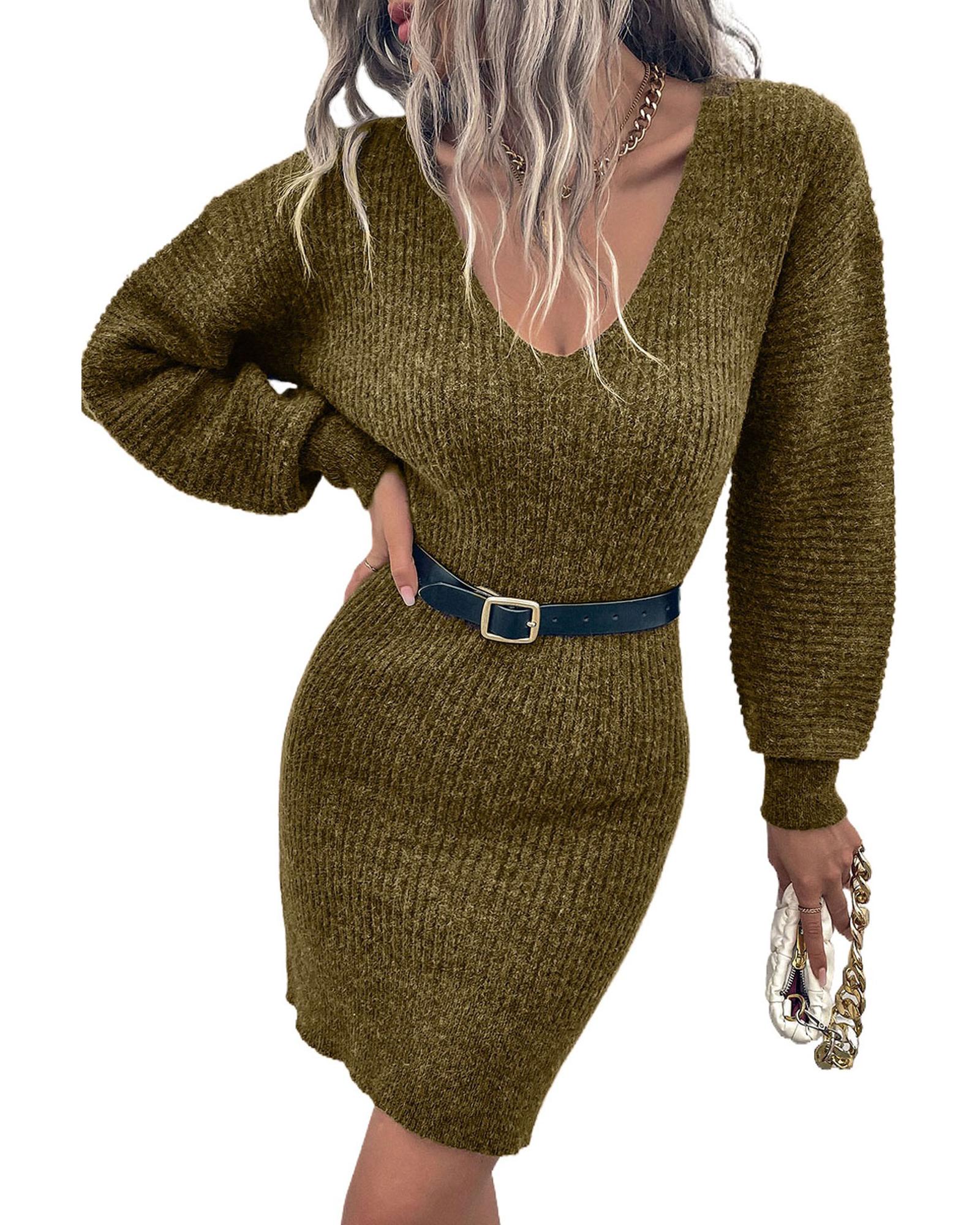 V539-AZEXDC273474-9-XL-202508282155-00 Green V Neck Bodycon Sweater Dress - XL - Image 1