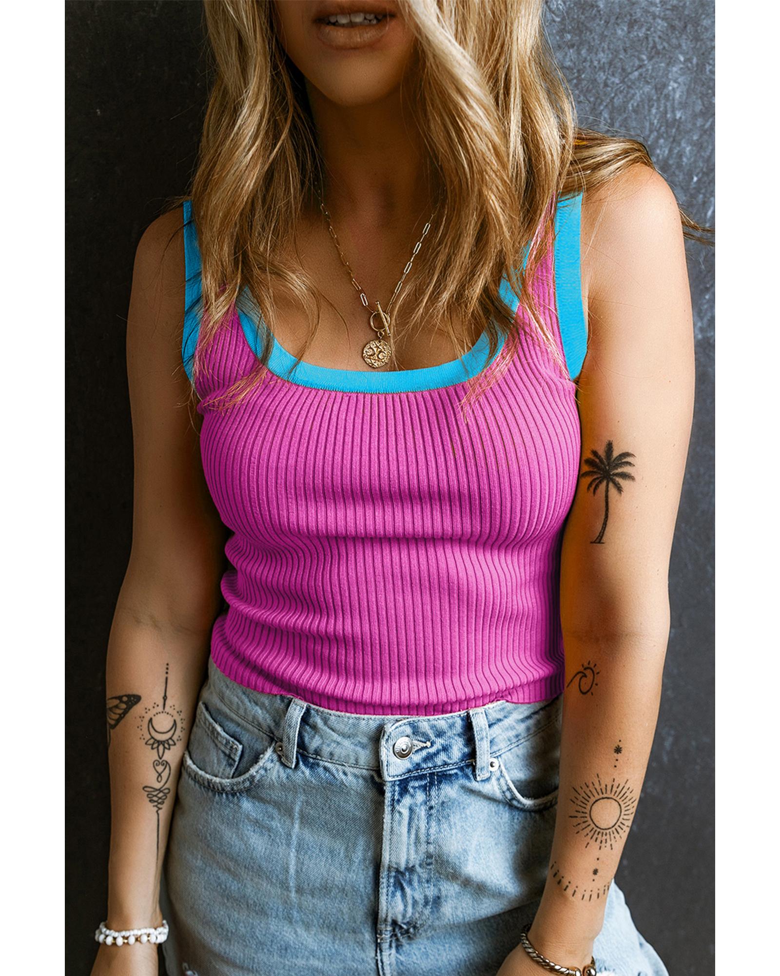V539-AZEXDC276456-P106-XL-202506140422-00 Bright Pink Colorblock Edge Ribbed Knit U Neck Tank Top - XL - Image 1
