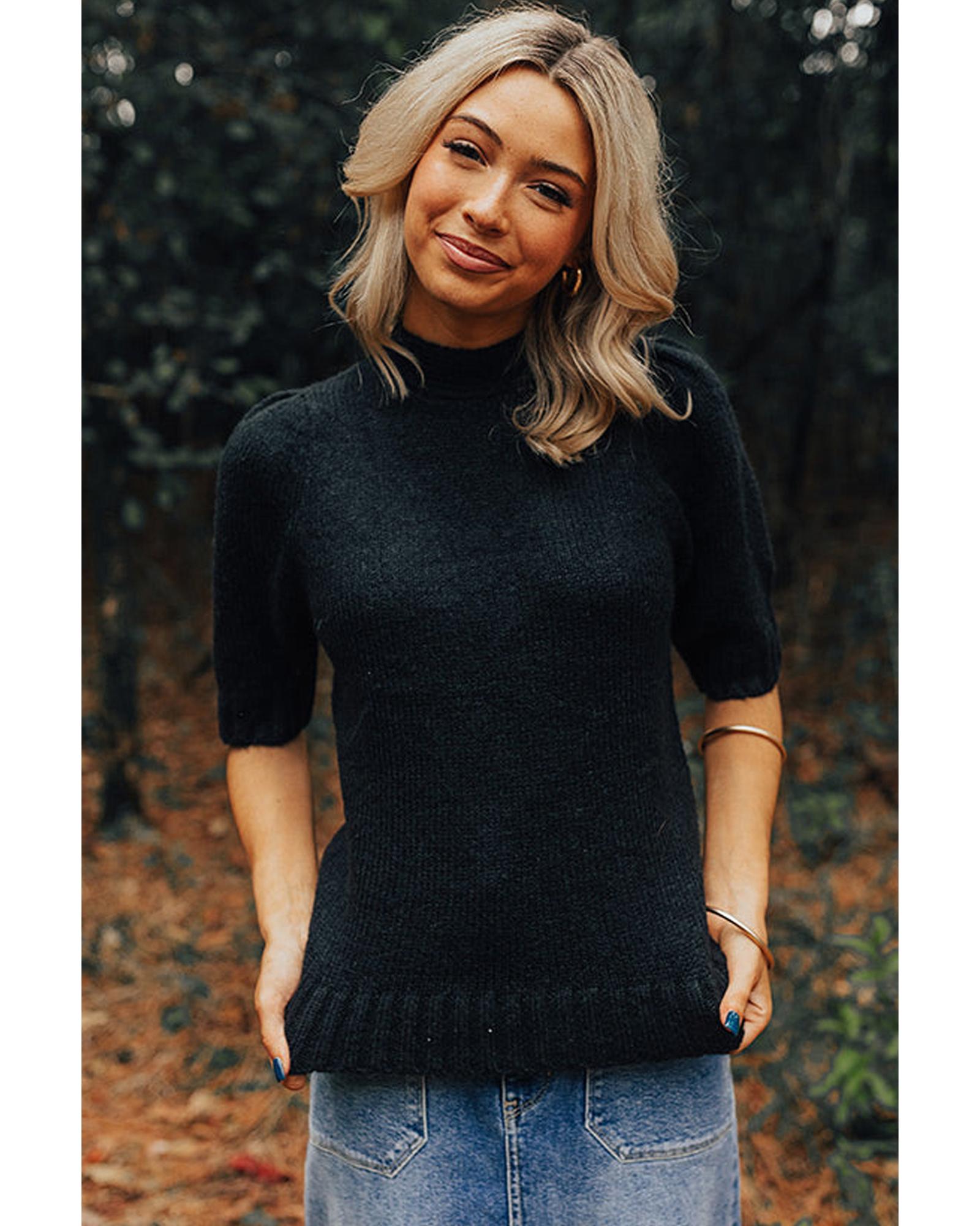 V539-AZEXDC277344-P2-L-202508281200-07 Black Knotted Keyhole Nape Short Sleeve Knit Sweater - L - Image 8