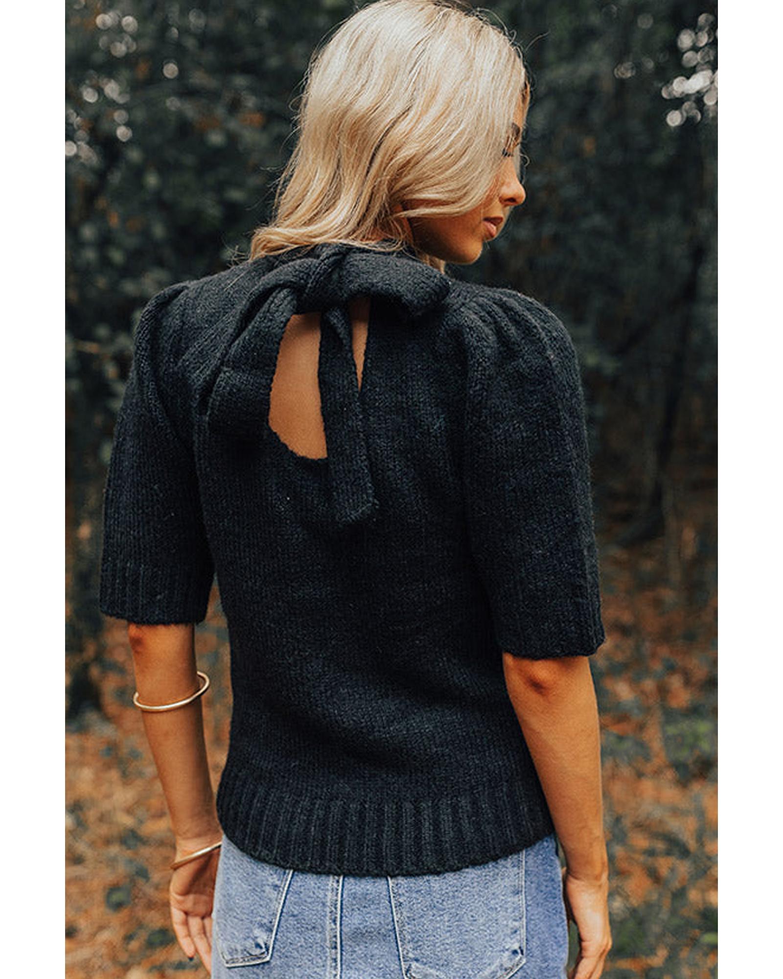 V539-AZEXDC277344-P2-S-202506140940-02 Black Knotted Keyhole Nape Short Sleeve Knit Sweater - S - Image 3