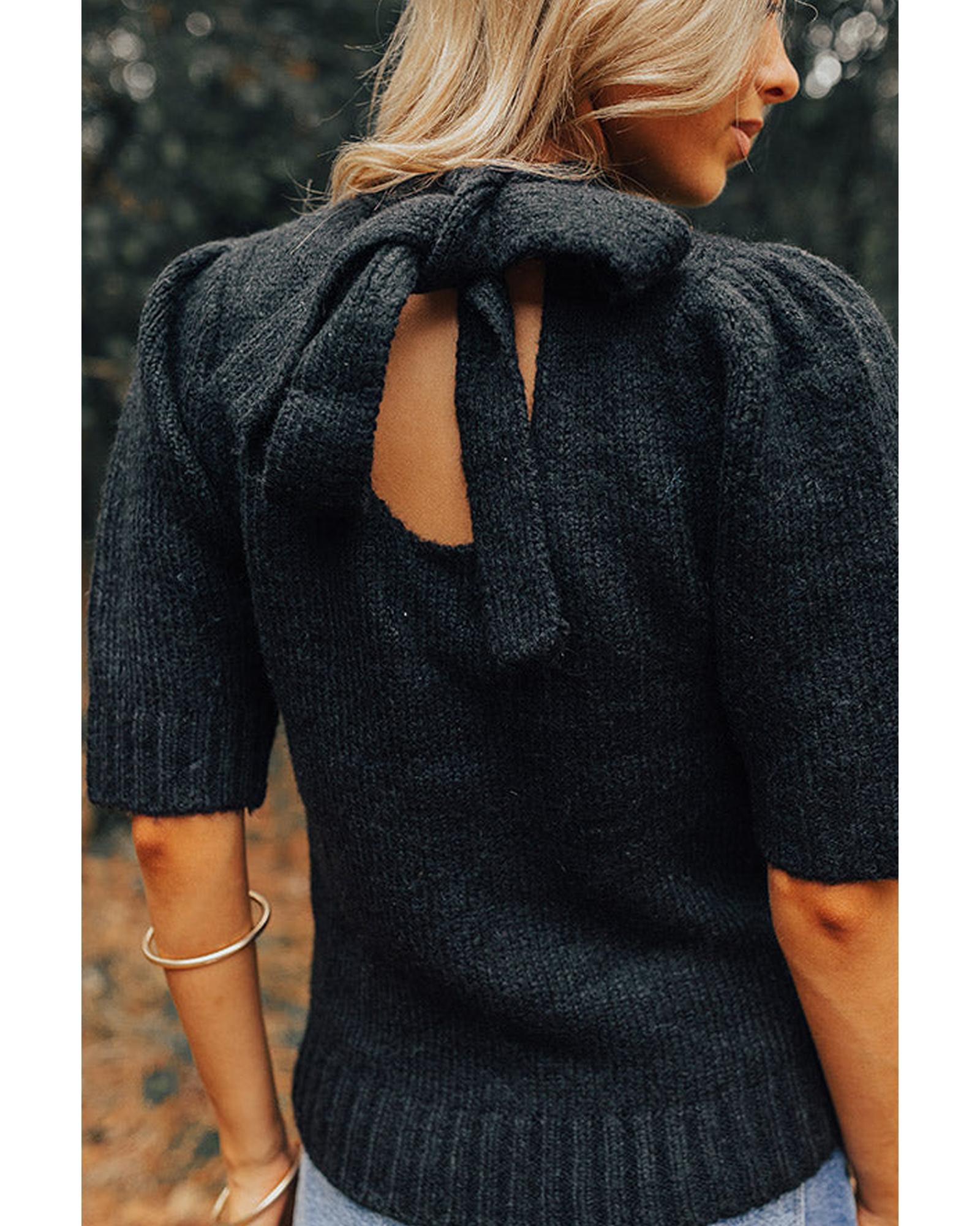 V539-AZEXDC277344-P2-XL-202508281535-04 Black Knotted Keyhole Nape Short Sleeve Knit Sweater - XL - Image 5