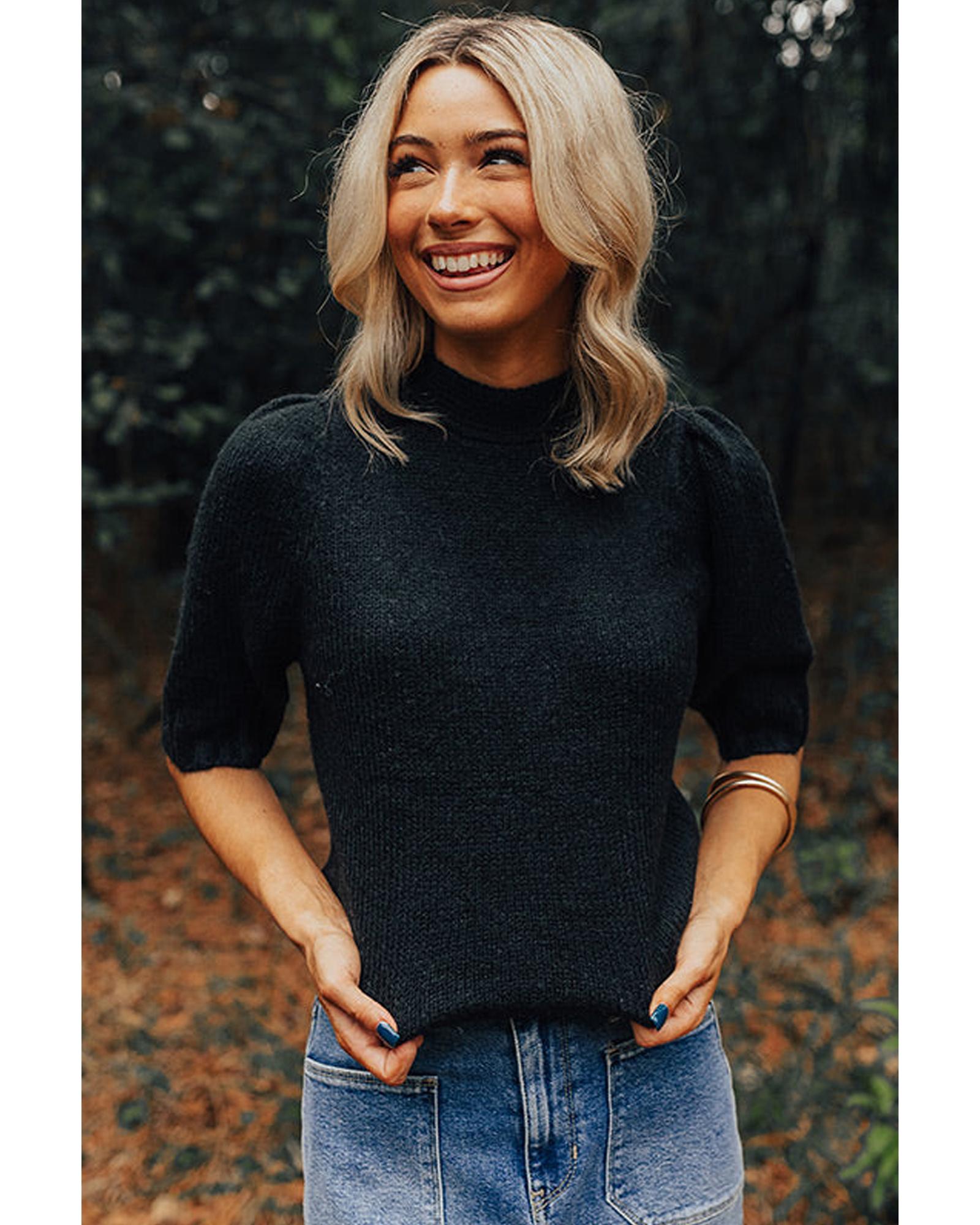 V539-AZEXDC277344-P2-XL-202508281535-06 Black Knotted Keyhole Nape Short Sleeve Knit Sweater - XL - Image 7