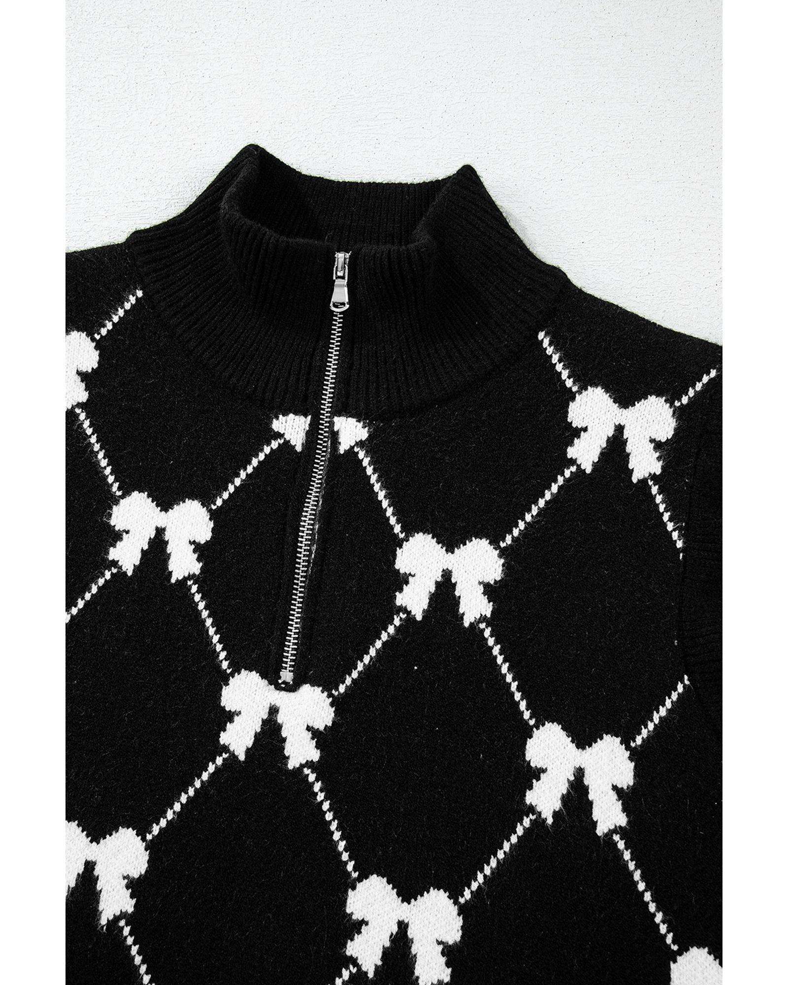 V539-AZEXDC277528-P10222-L-202508291455-04 Black Preppy Vibes Bow Print Zipped Collar Sweater Tee - L - Image 5