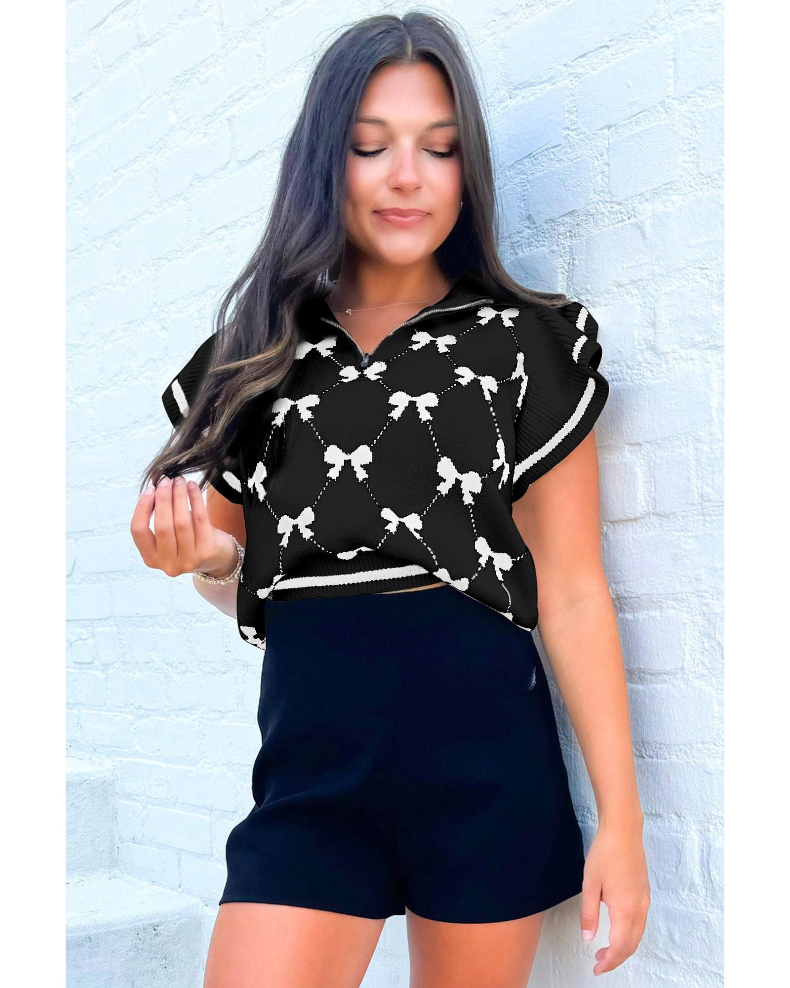 V539-AZEXDC277528-P10222-L-202508291455-06 Black Preppy Vibes Bow Print Zipped Collar Sweater Tee - L - Image 7