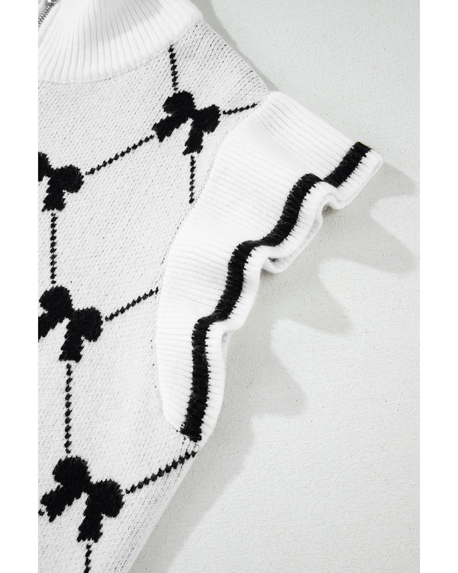 V539-AZEXDC277528-P10222-M-202508291645-01 Black Preppy Vibes Bow Print Zipped Collar Sweater Tee - M - Image 2