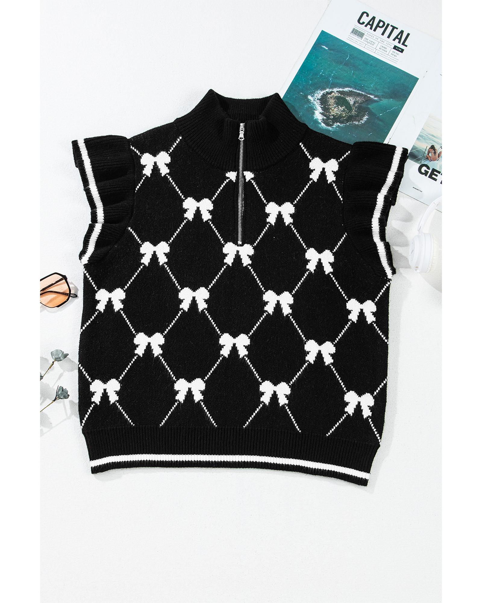 V539-AZEXDC277528-P10222-M-202508291645-05 Black Preppy Vibes Bow Print Zipped Collar Sweater Tee - M - Image 6