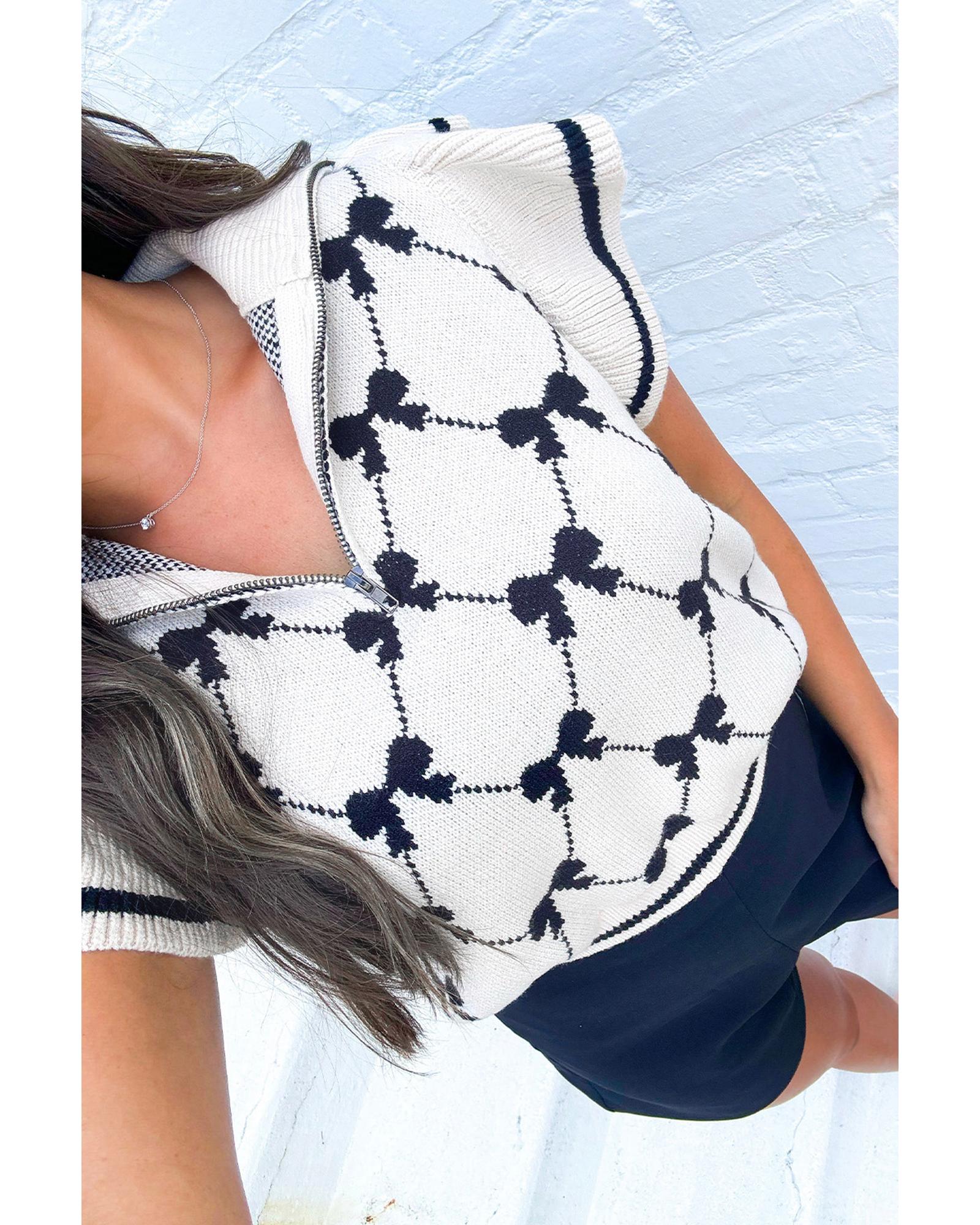 V539-AZEXDC277528-P222-L-202508292035-01 Black Preppy Vibes Bow Print Zipped Collar Sweater Tee - L - Image 2