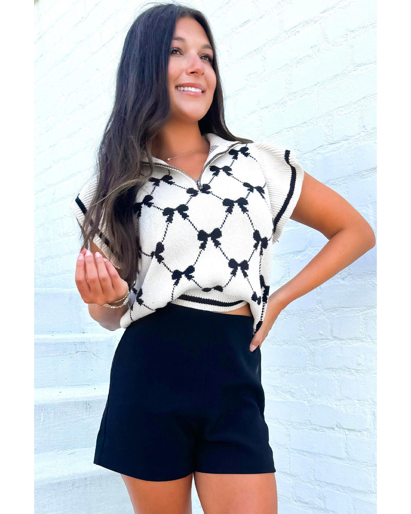 V539-AZEXDC277528-P222-L-202508292035-03 Black Preppy Vibes Bow Print Zipped Collar Sweater Tee - L - Image 4