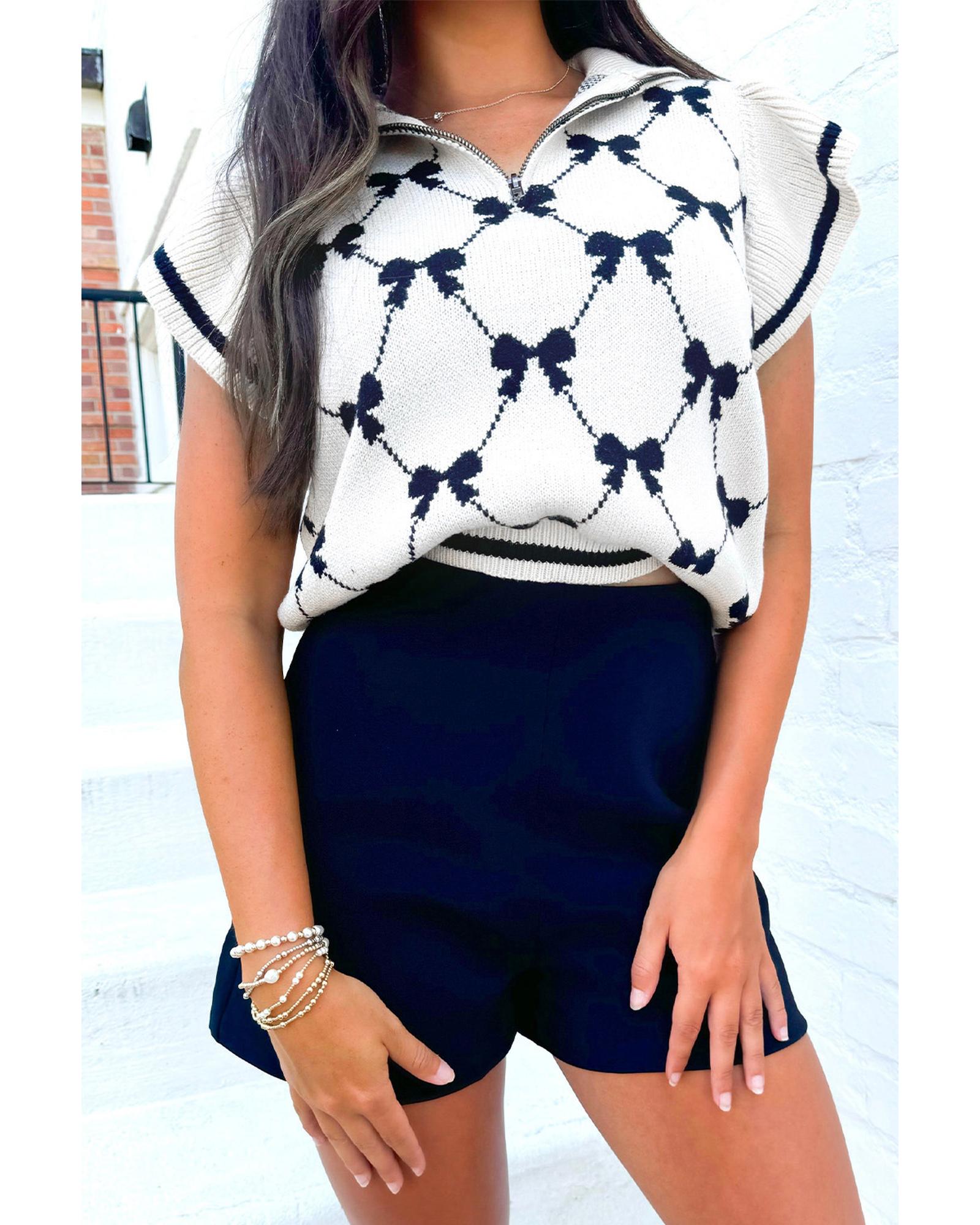 V539-AZEXDC277528-P222-L-202508292035-04 Black Preppy Vibes Bow Print Zipped Collar Sweater Tee - L - Image 5