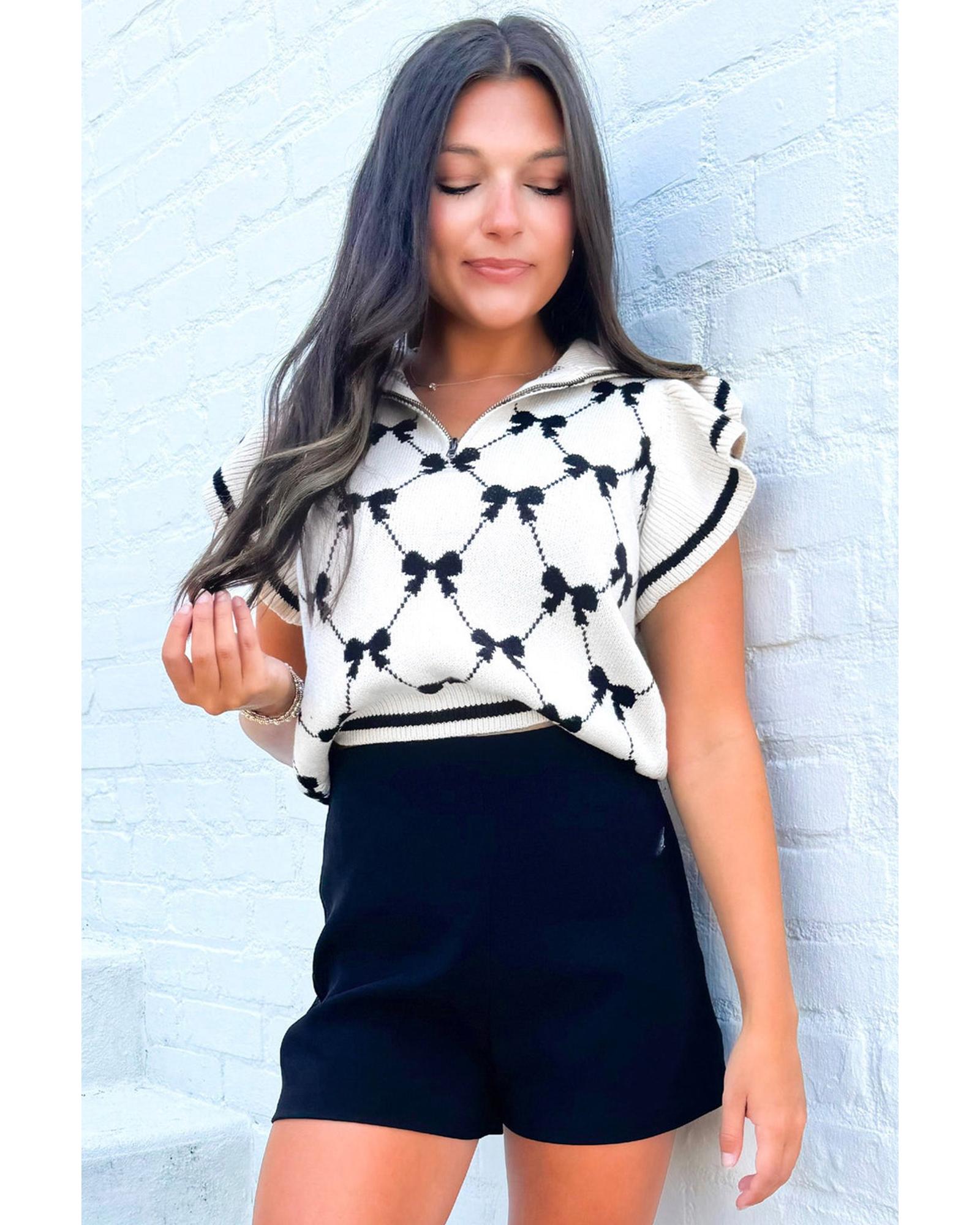 V539-AZEXDC277528-P222-L-202508292035-05 Black Preppy Vibes Bow Print Zipped Collar Sweater Tee - L - Image 6