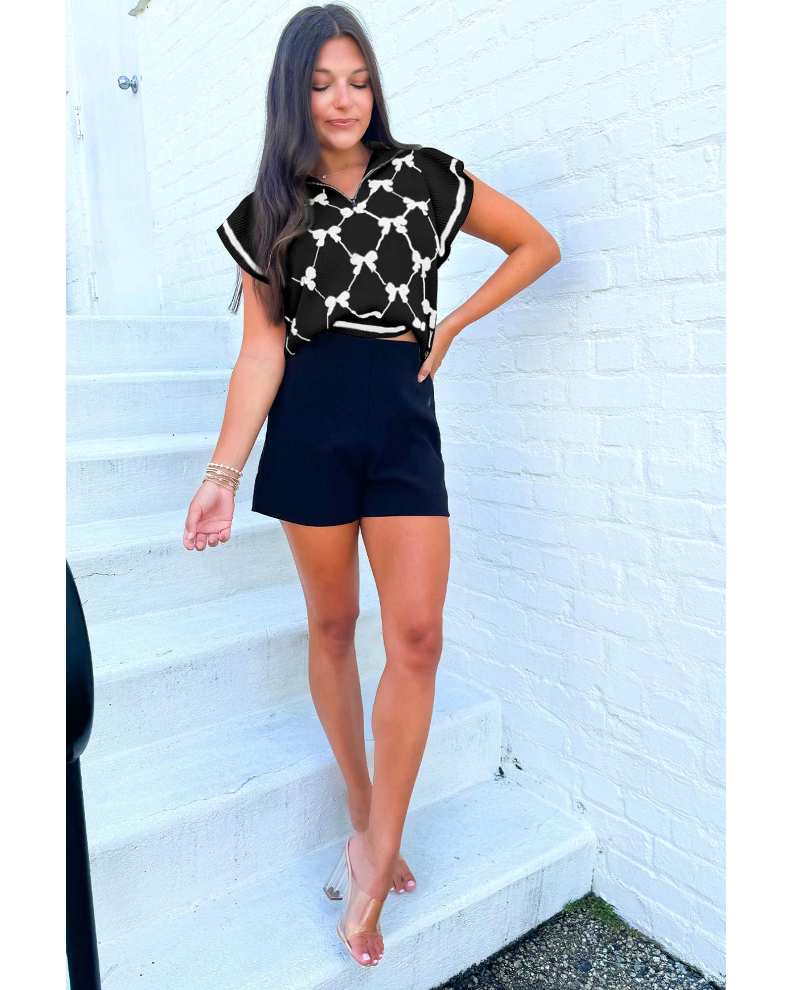 V539-AZEXDC277528-P222-L-202508292035-06 Black Preppy Vibes Bow Print Zipped Collar Sweater Tee - L - Image 7