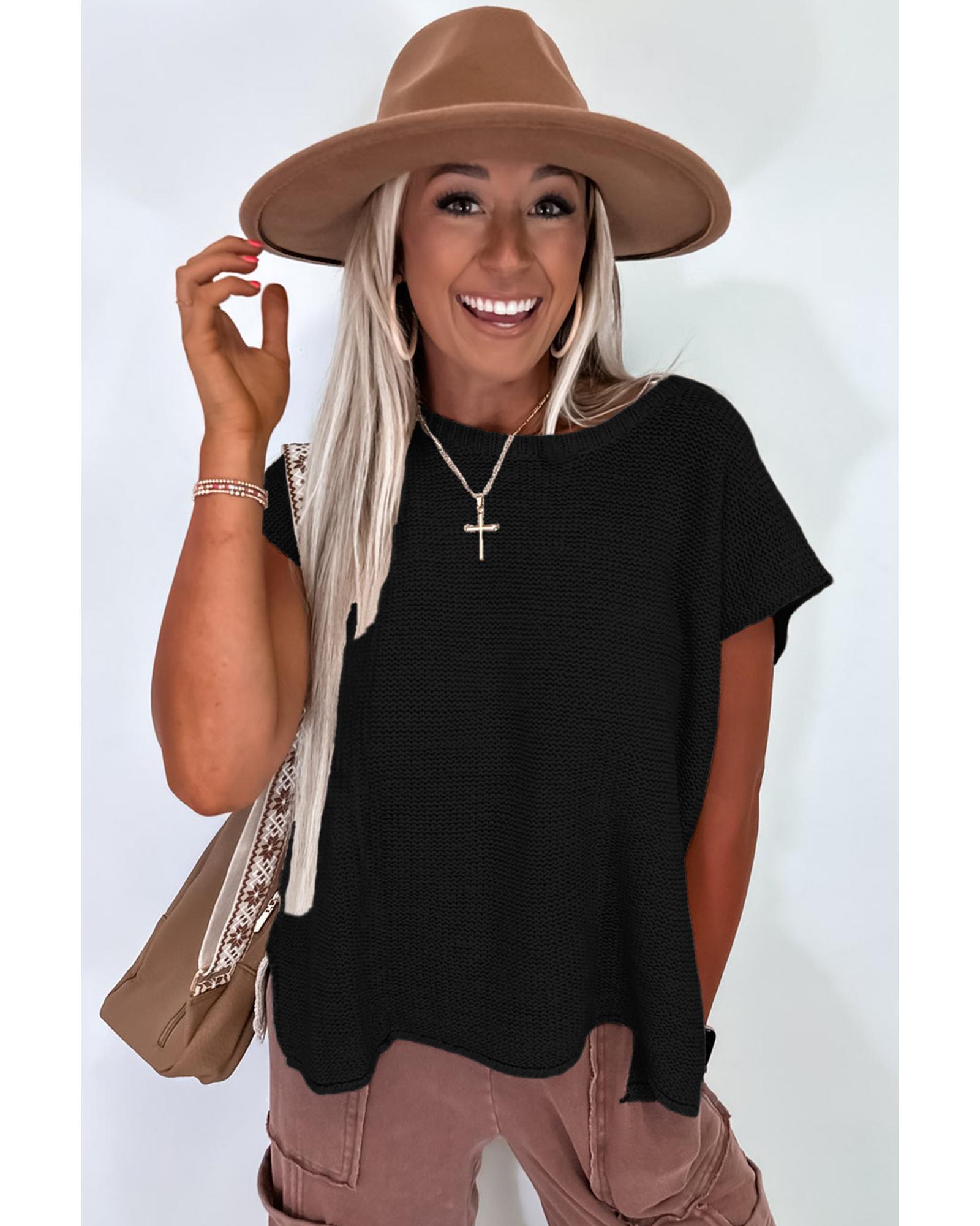 V539-AZEXDC277740-P2-L-202508282030-02 Black Solid Color Sweater Tee with Side Slits - L - Image 3