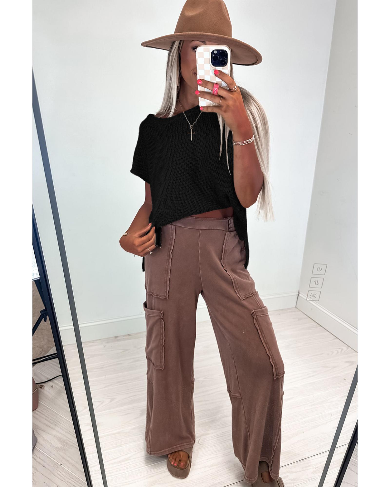 V539-AZEXDC277740-P2-M-202508282235-04 Black Solid Color Sweater Tee with Side Slits - M - Image 5