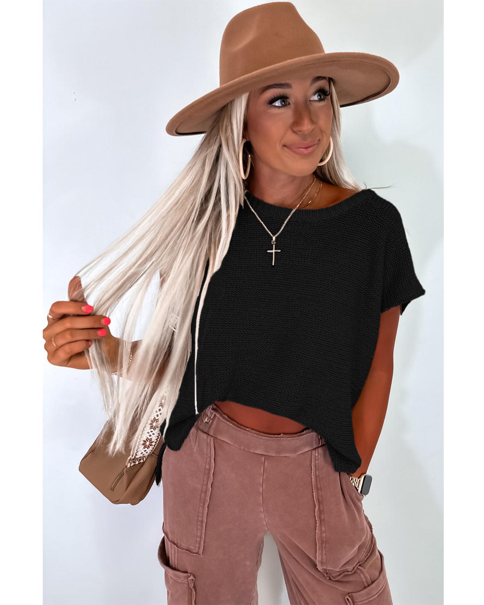 V539-AZEXDC277740-P2-XL-202508290030-05 Black Solid Color Sweater Tee with Side Slits - XL - Image 6