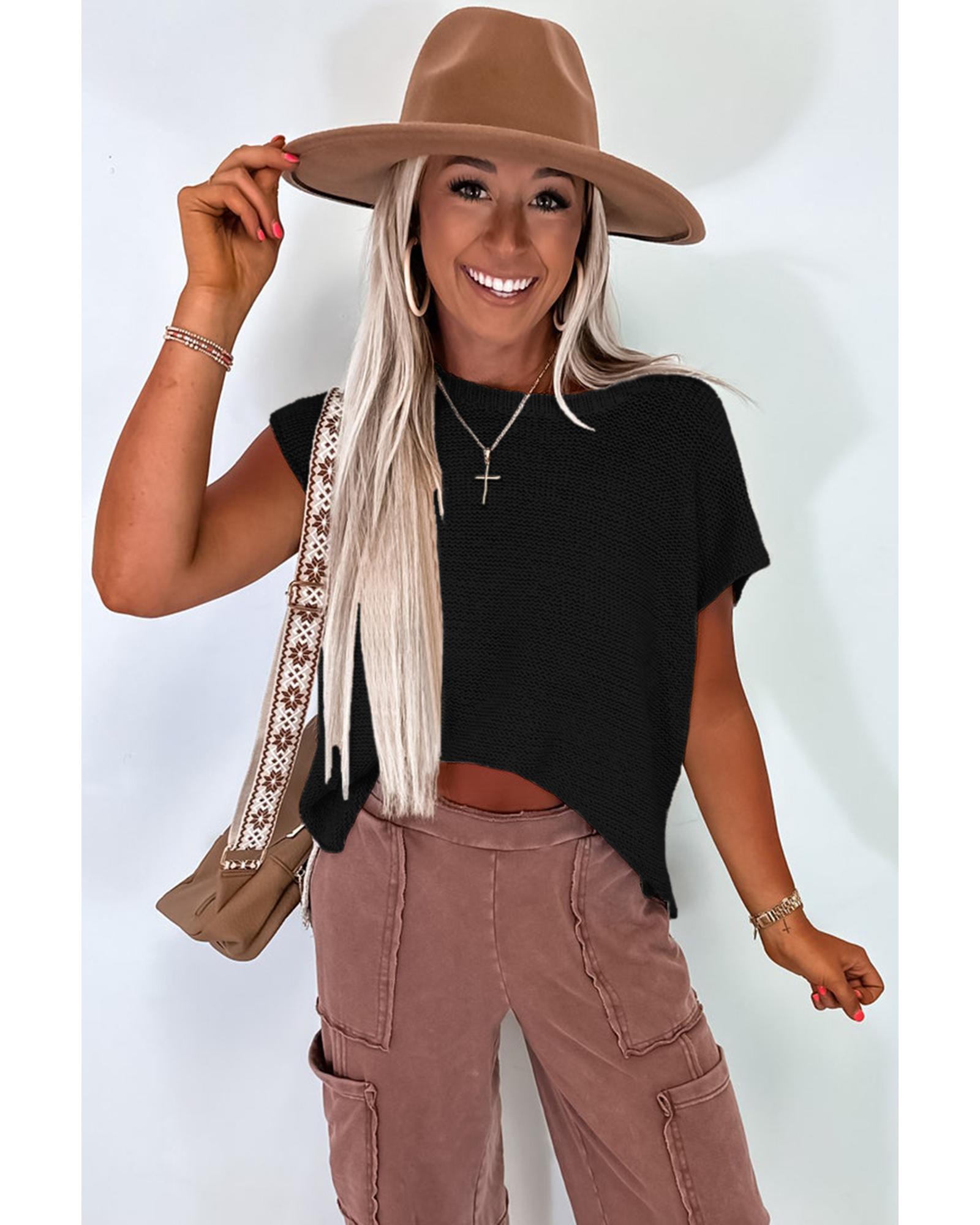 V539-AZEXDC277740-P2-XL-202508290030-06 Black Solid Color Sweater Tee with Side Slits - XL - Image 7