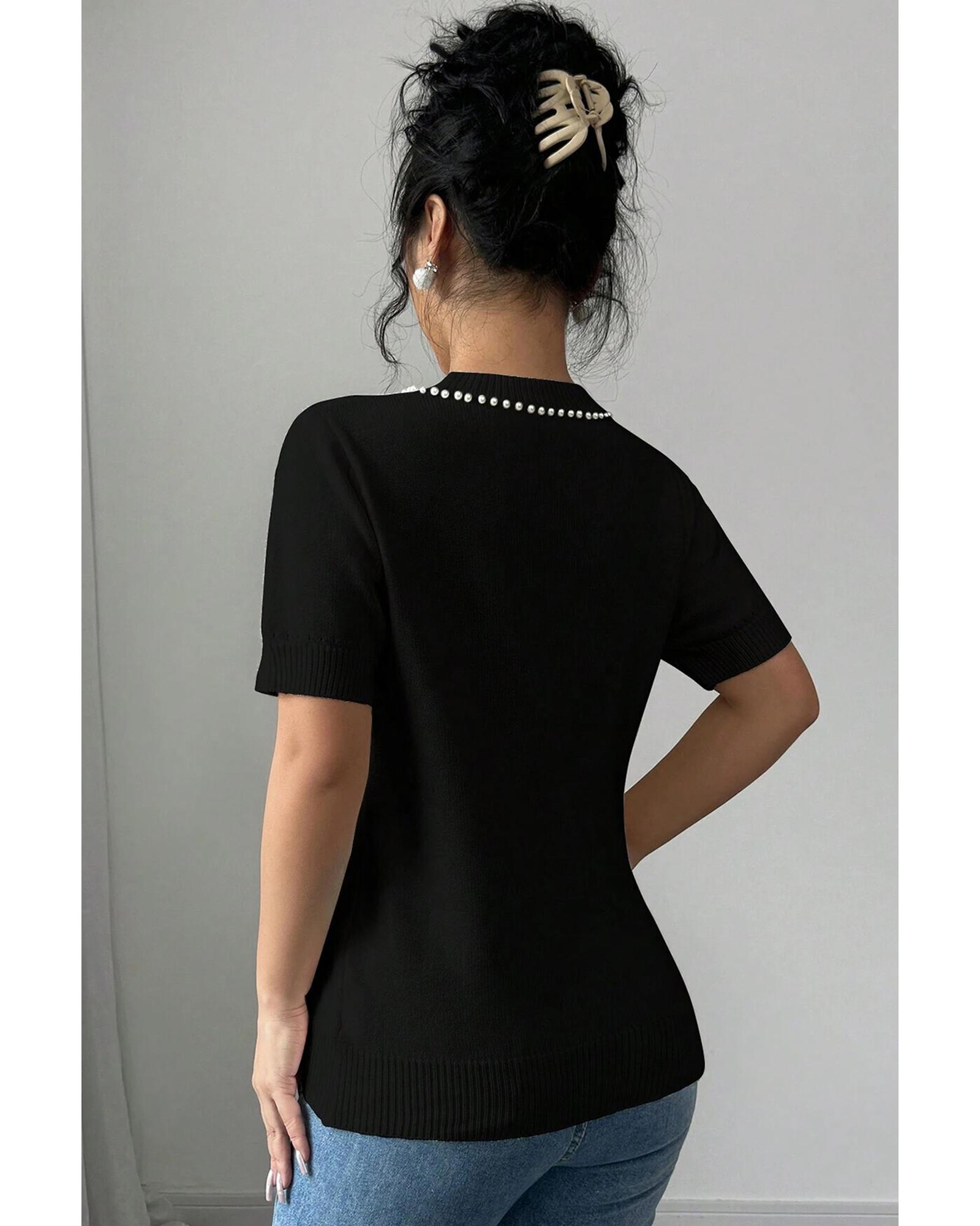 V539-AZEXDC277851-P2-L-202508292315-01 Black Pearl Bow Necklace Embellished Short Sleeve Knitted T Shirt - L - Image 2