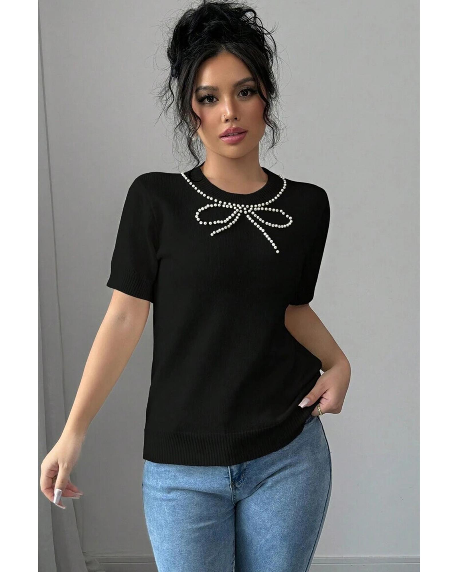 V539-AZEXDC277851-P2-L-202508292315-02 Black Pearl Bow Necklace Embellished Short Sleeve Knitted T Shirt - L - Image 3