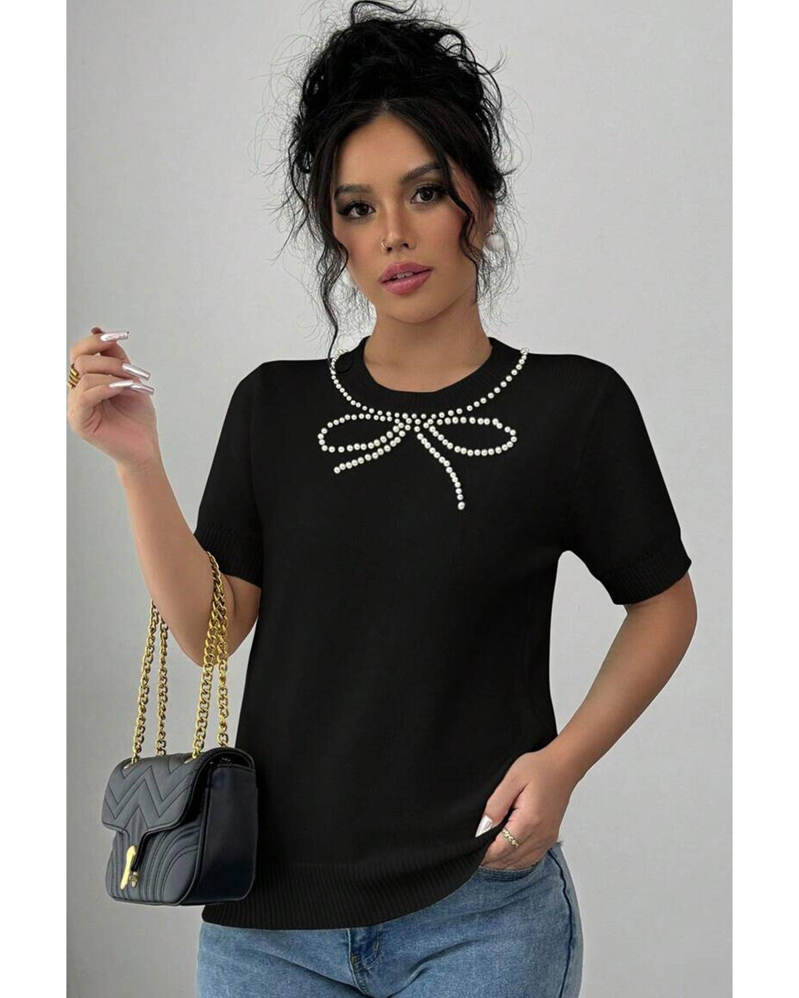 V539-AZEXDC277851-P2-L-202508292315-03 Black Pearl Bow Necklace Embellished Short Sleeve Knitted T Shirt - L - Image 4
