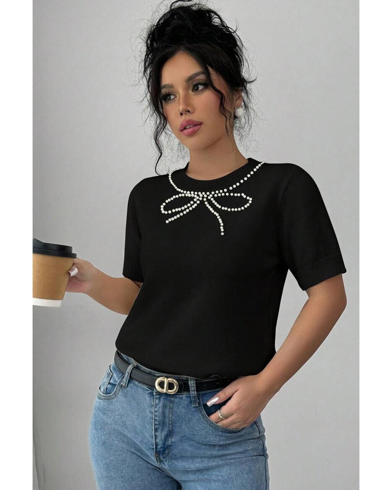 V539-AZEXDC277851-P2-L-202508292315-04 Black Pearl Bow Necklace Embellished Short Sleeve Knitted T Shirt - L - Image 5