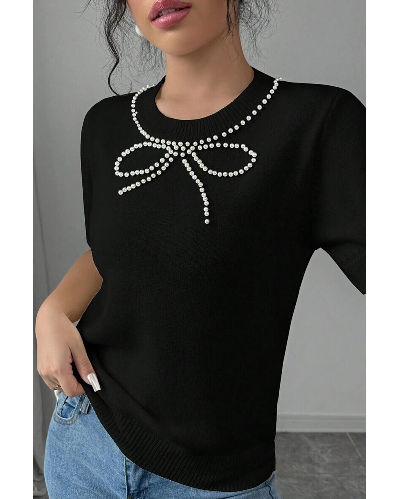 V539-AZEXDC277851-P2-L-202508292315-06 Black Pearl Bow Necklace Embellished Short Sleeve Knitted T Shirt - L - Image 7