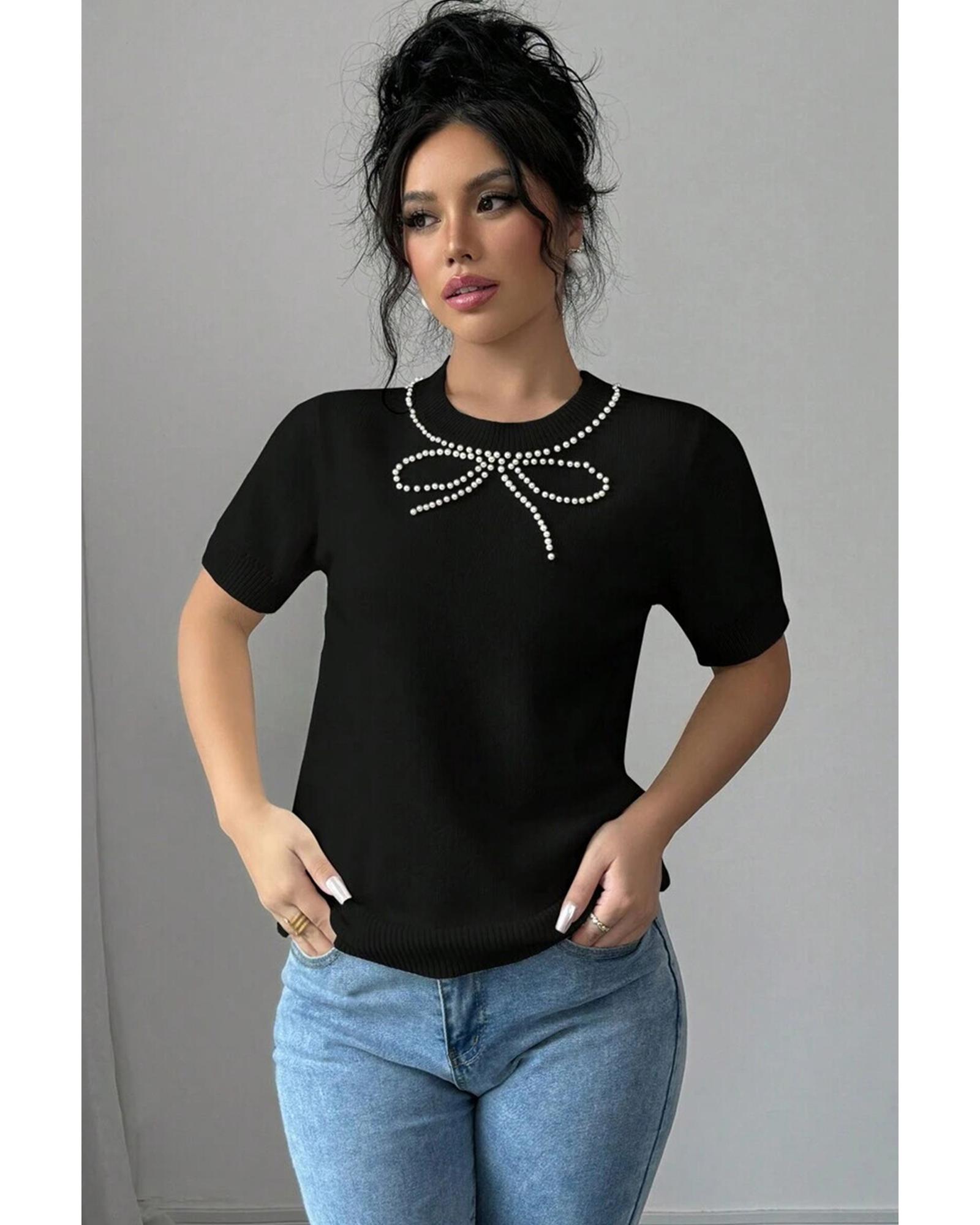 V539-AZEXDC277851-P2-L-202508292315-07 Black Pearl Bow Necklace Embellished Short Sleeve Knitted T Shirt - L - Image 8