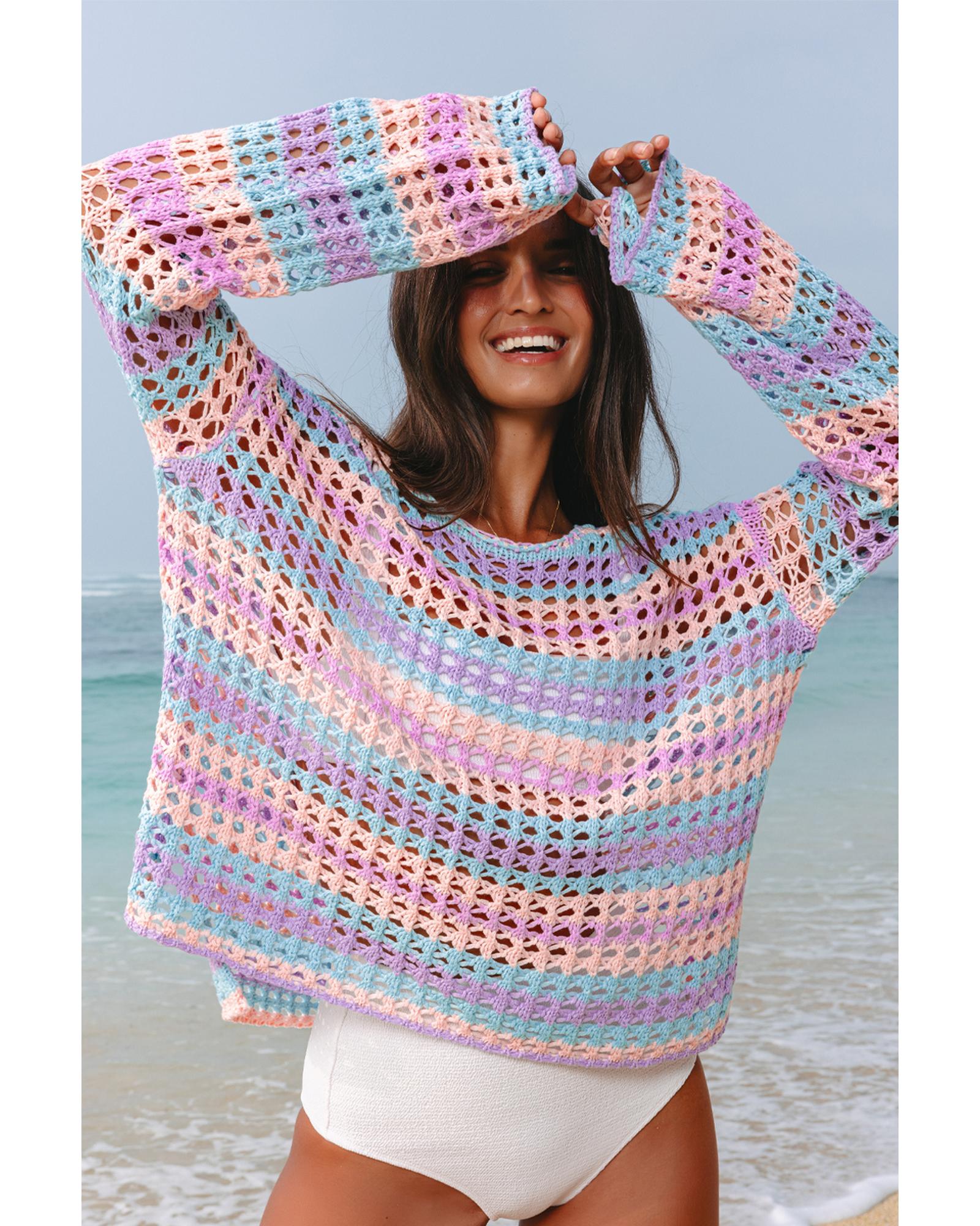 V539-AZEXDC422292-P822-L-202508291935-00 Purple Multi Stripe Open Knit Sweater Beach Cover Up - L - Image 1