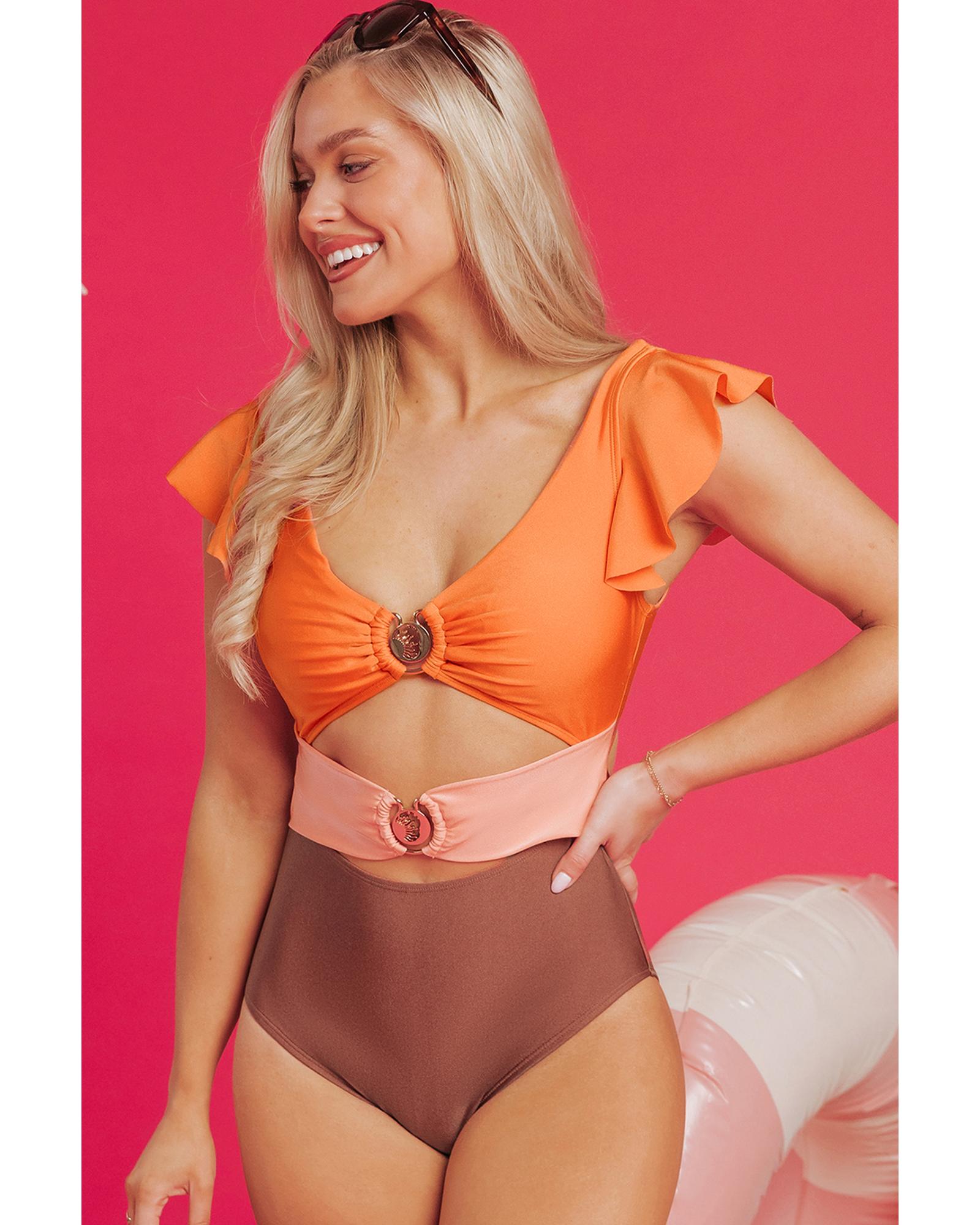 V539-AZEXDC444626-P14-M-202508290135-00 Orange Ruffle Sleeve Tricolor Cutout Front Ring One Piece Swimsuit - M - Image 1