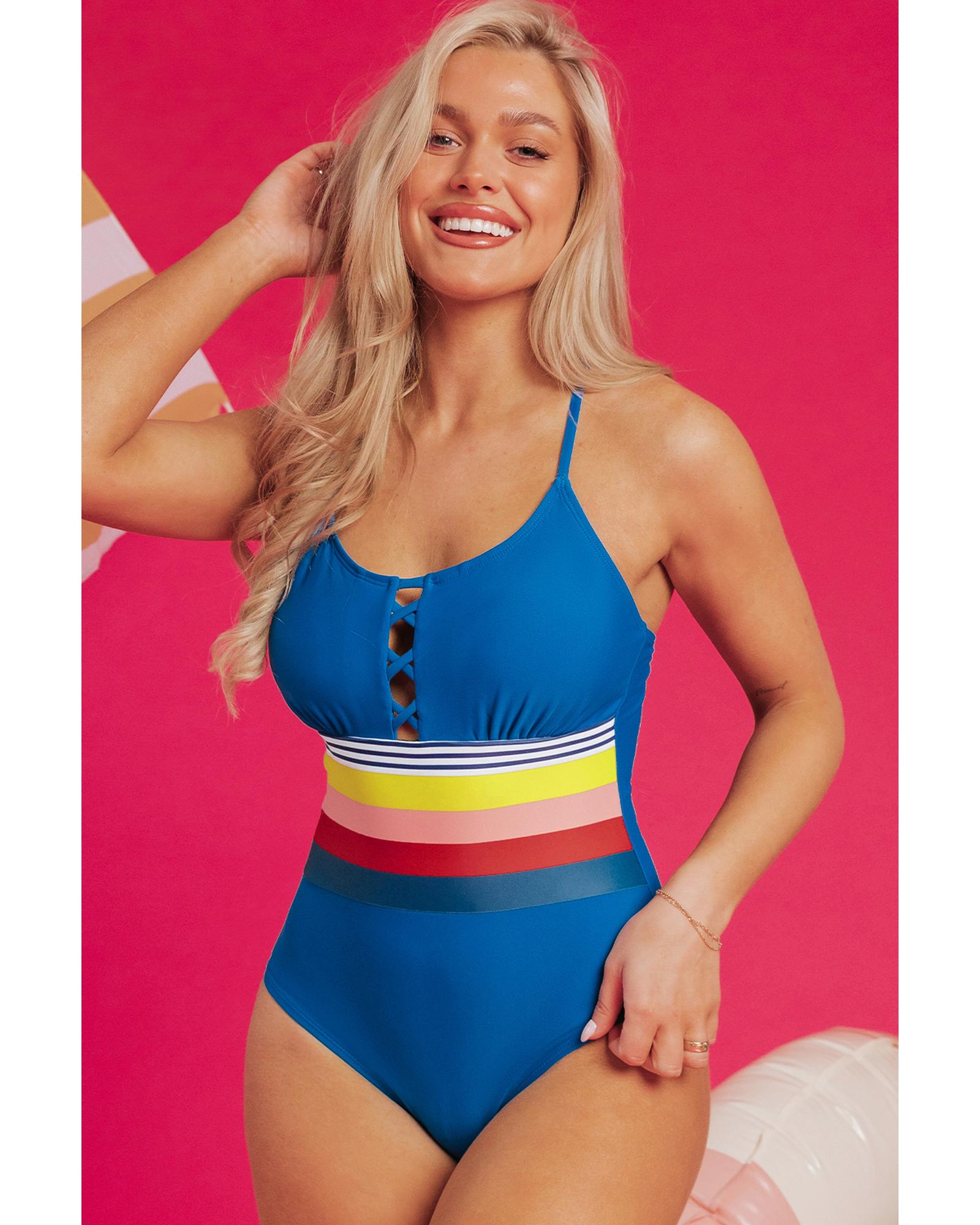 V539-AZEXDC444642-P505-L-202508300530-00 Prussian Blue Contrast Stripe Accent Crisscross One Piece Swimwear - L - Image 1
