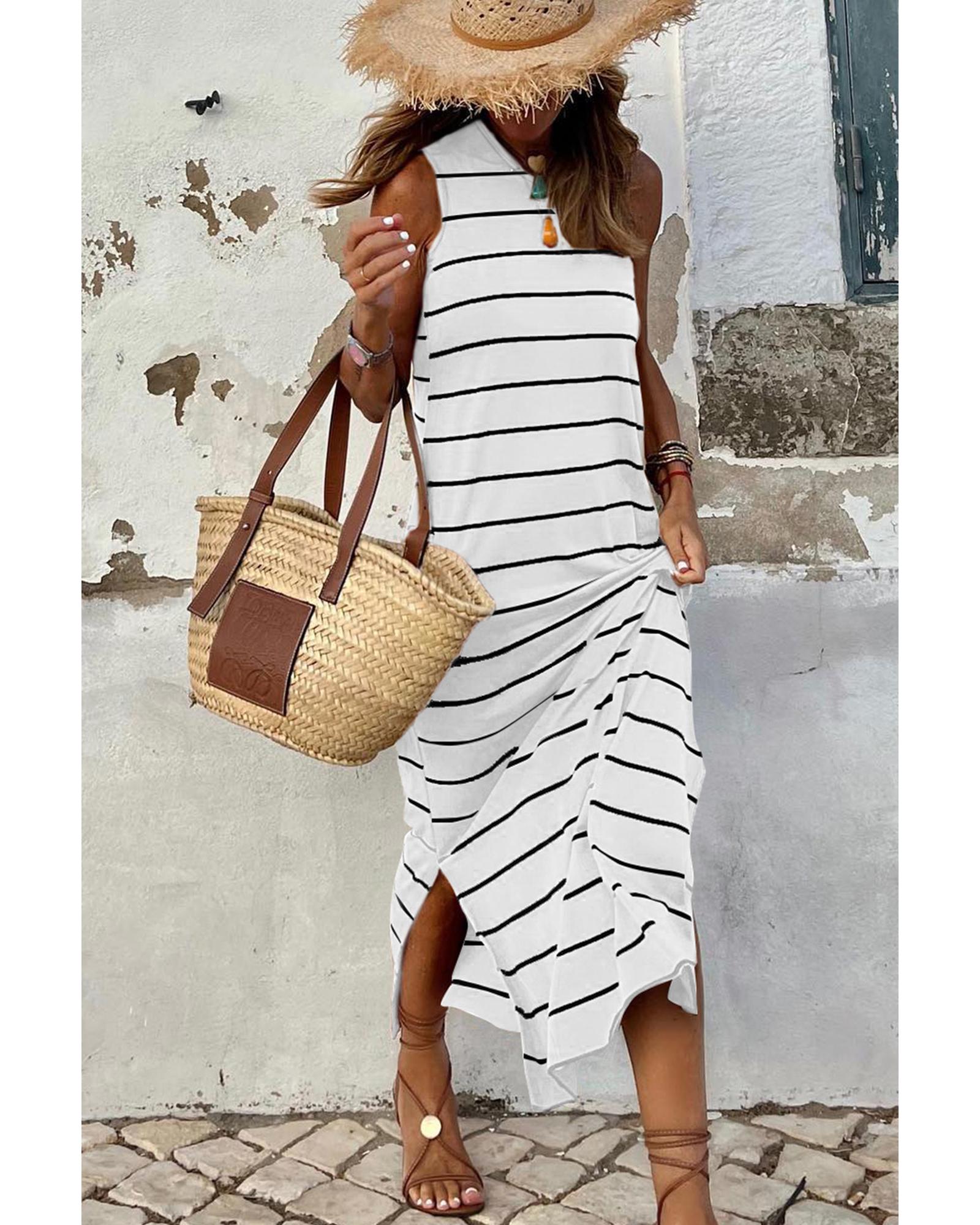 V539-AZEXDC6113424-1-XL-202508280710-00 White Stripe Print Open Back Sleeveless Maxi Dress with Slits - XL - Image 1