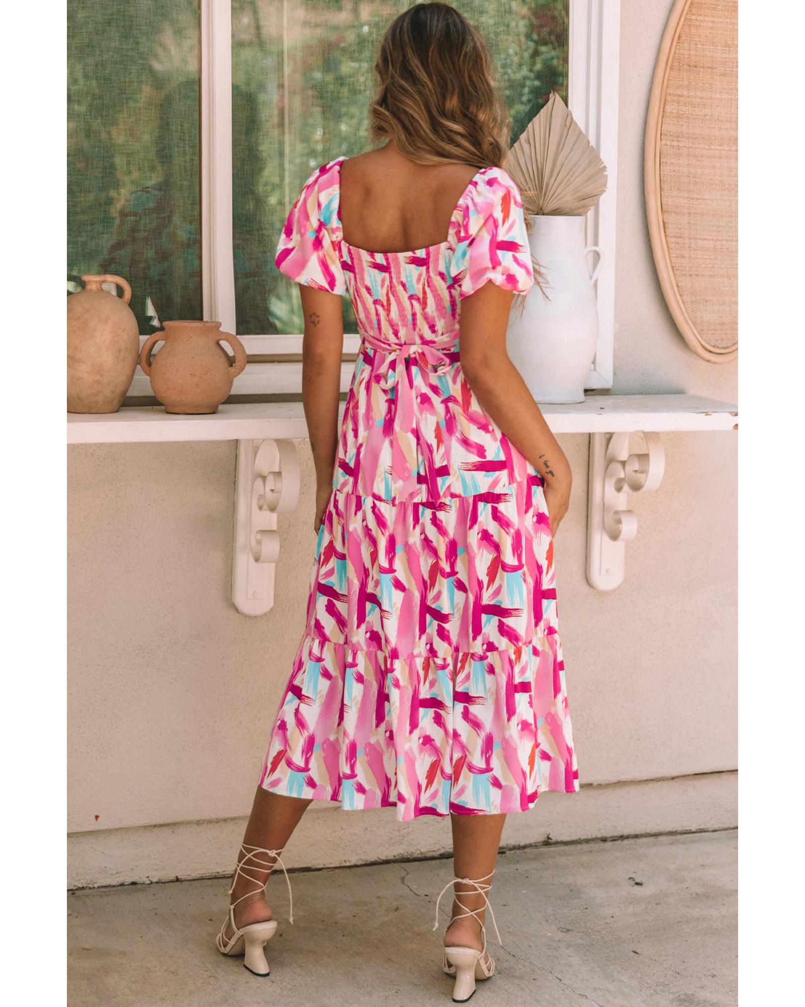 V539-AZEXDC6115787-10-M-202508300140-00 Pink Brush Stroke Printed Smocked Ruffle Tiered Dress - M - Image 1