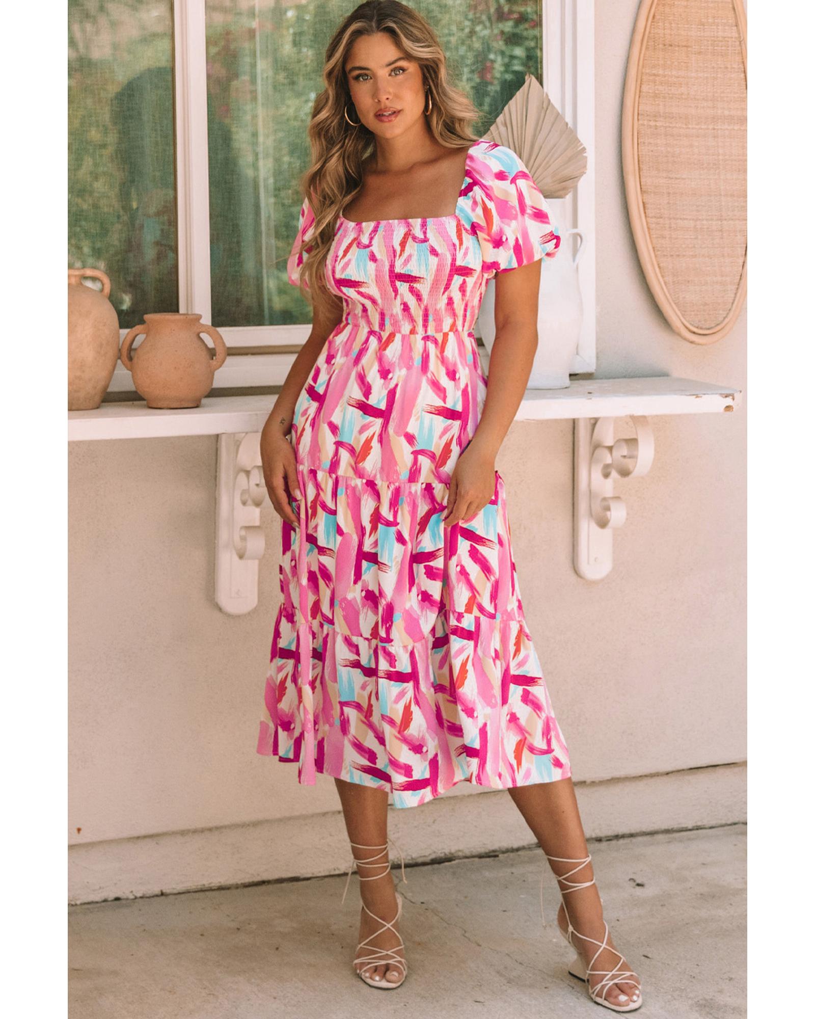 V539-AZEXDC6115787-10-XL-202508300425-00 Pink Brush Stroke Printed Smocked Ruffle Tiered Dress - XL - Image 1