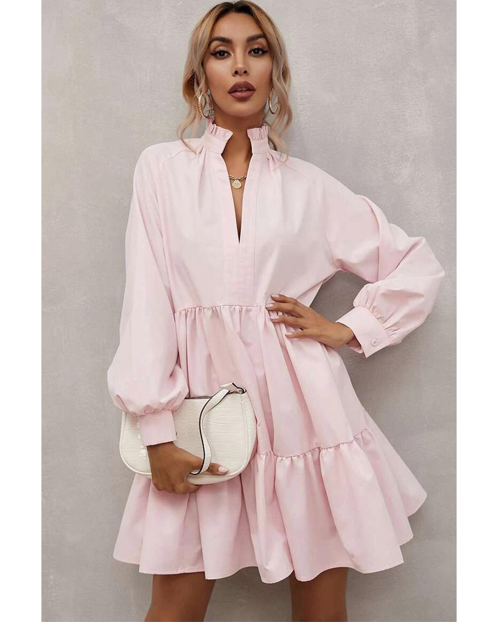 V539-AZEXDC6117133-10-L-202506141107-00 Pink Frilled Stand Collar Long Sleeve Ruffle Dress - L - Image 1