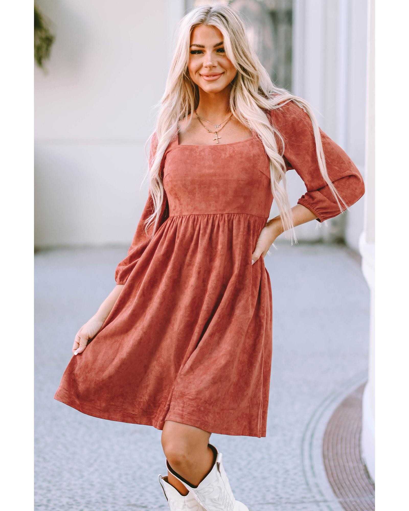 V539-AZEXDC6117530-17-XL-202508291545-01 Brown Suede Square Neck Puff Sleeve Dress - XL - Image 2