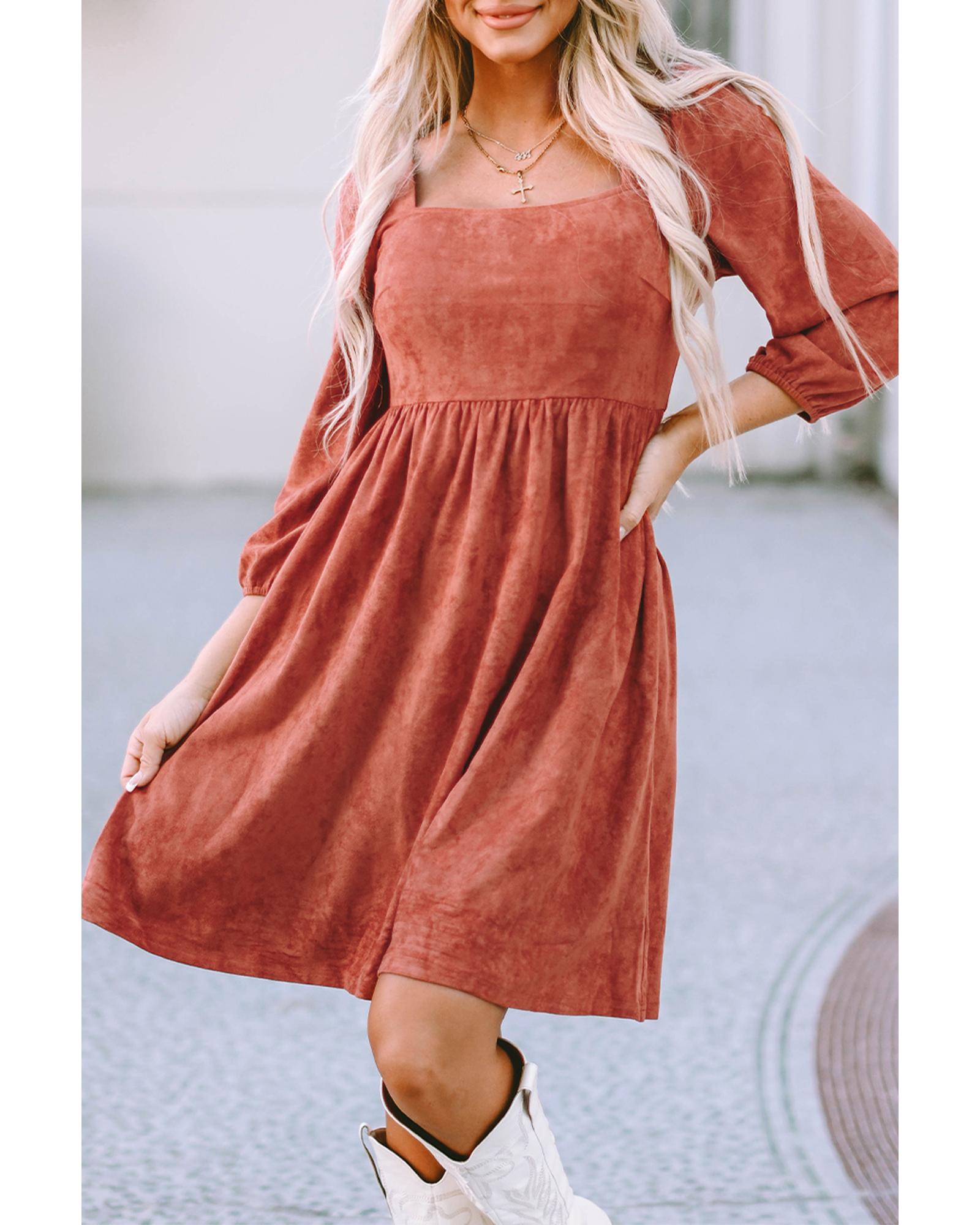 V539-AZEXDC6117530-17-XL-202508291545-02 Brown Suede Square Neck Puff Sleeve Dress - XL - Image 3