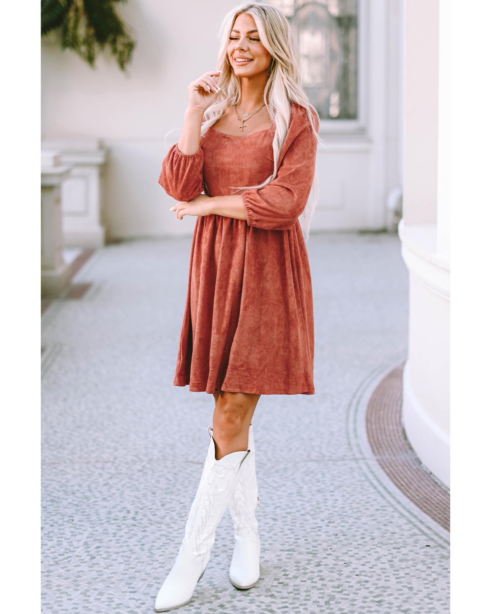 V539-AZEXDC6117530-17-XL-202508291545-03 Brown Suede Square Neck Puff Sleeve Dress - XL - Image 4