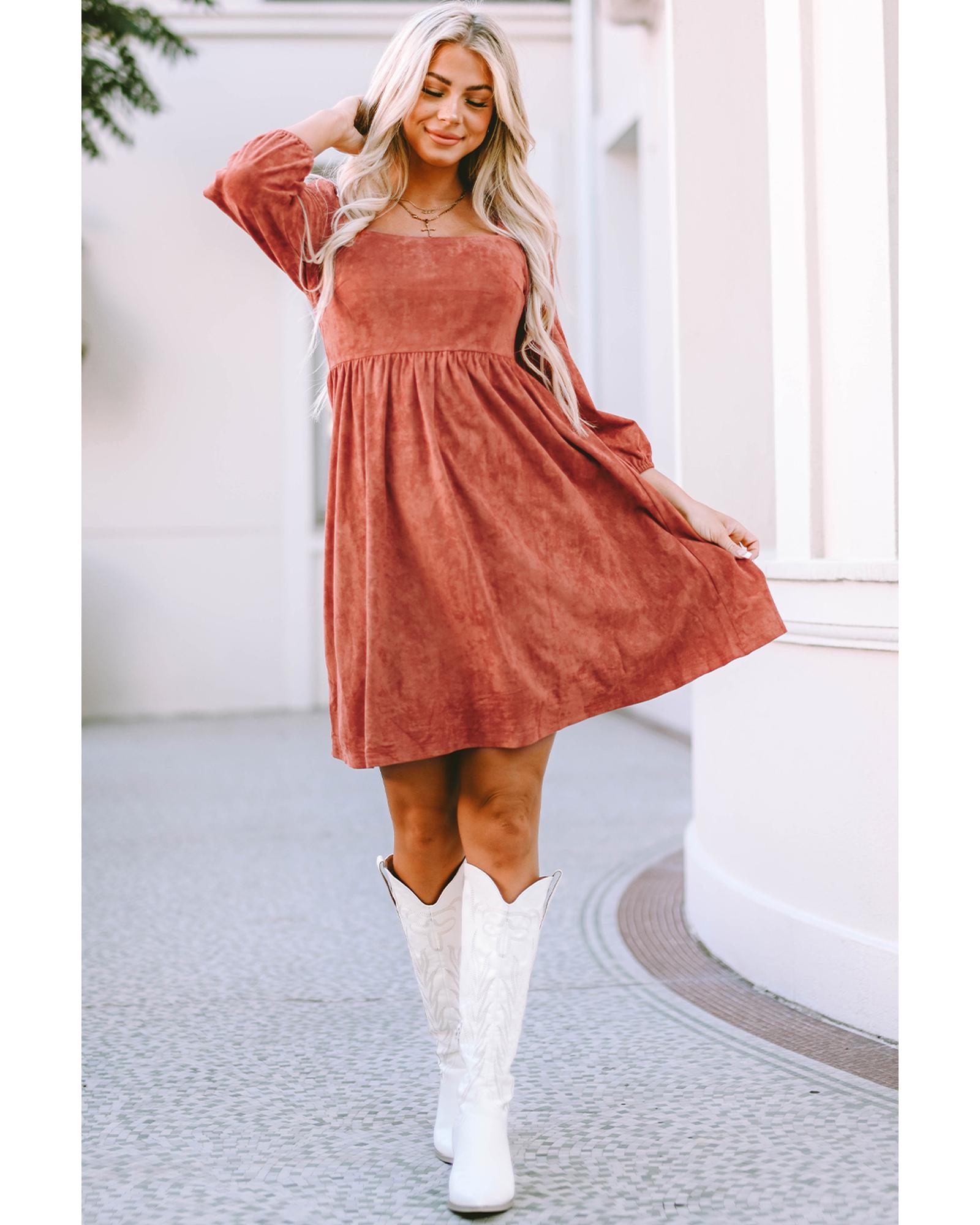 V539-AZEXDC6117530-17-XL-202508291545-04 Brown Suede Square Neck Puff Sleeve Dress - XL - Image 5