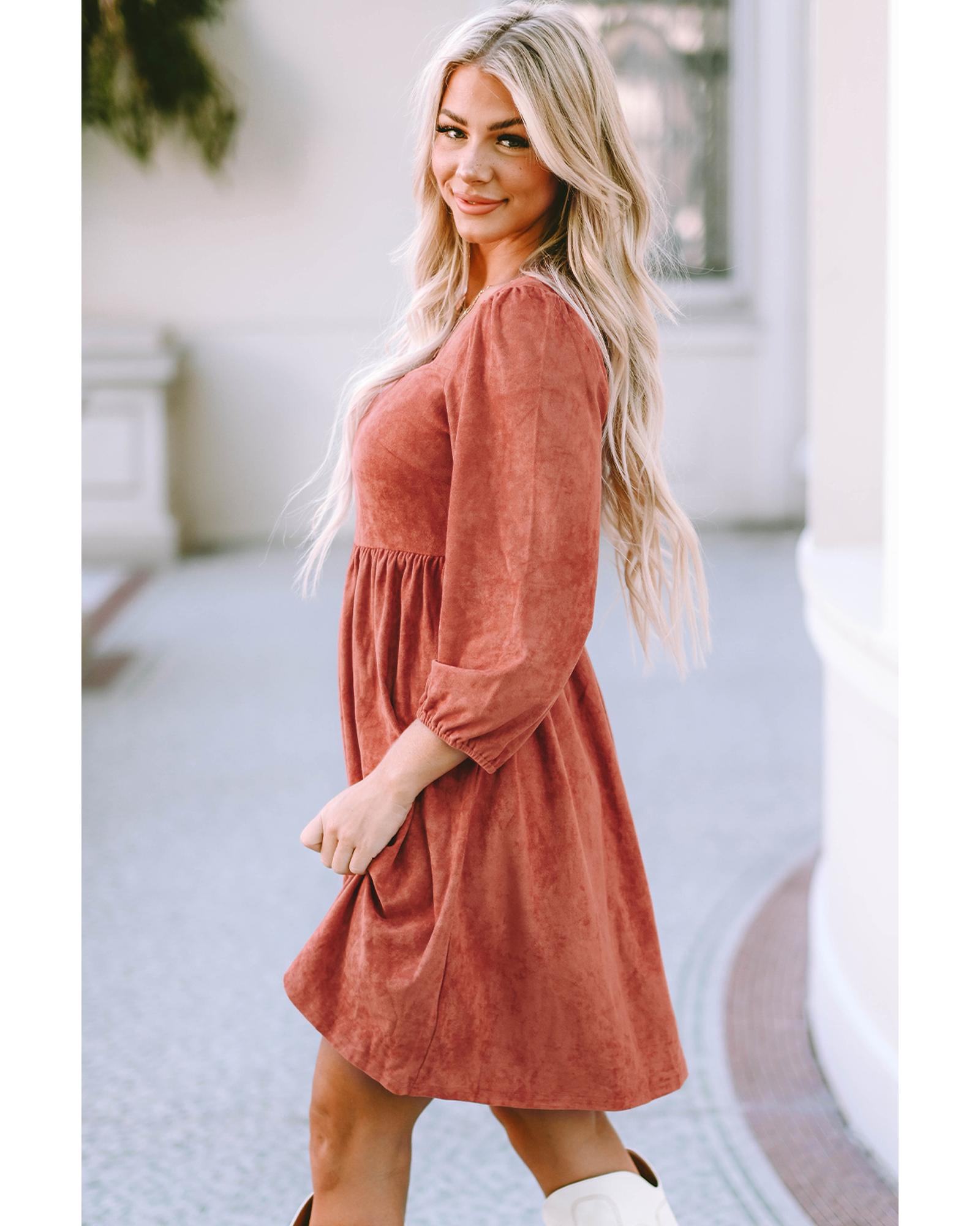 V539-AZEXDC6117530-17-XL-202508291545-05 Brown Suede Square Neck Puff Sleeve Dress - XL - Image 6