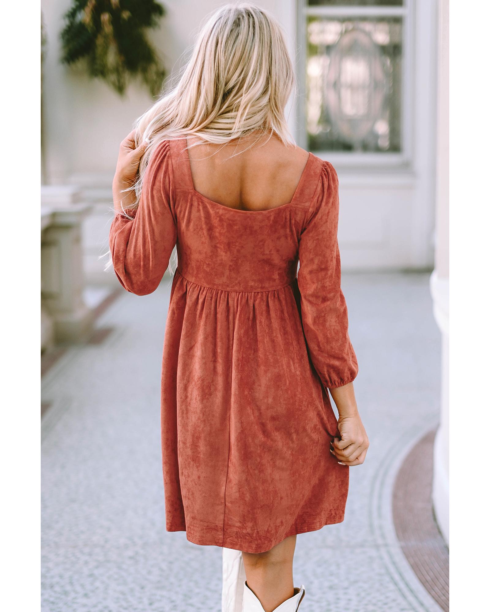 V539-AZEXDC6117530-17-XL-202508291545-06 Brown Suede Square Neck Puff Sleeve Dress - XL - Image 7