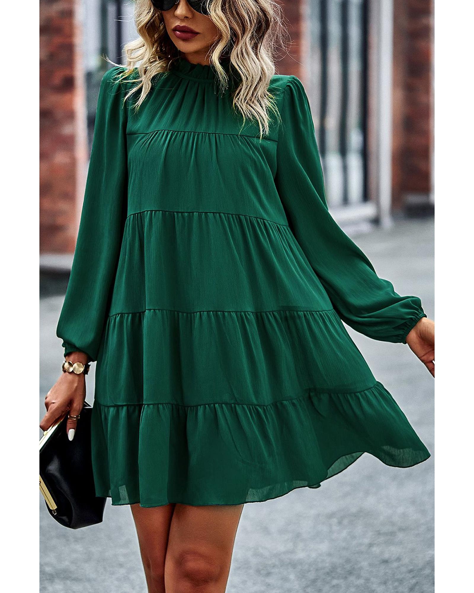 V539-AZEXDC6117556-9-XL-202508291915-00 Green Puff Sleeve Mock Neck Back Knot Tiered Dress - XL - Image 1