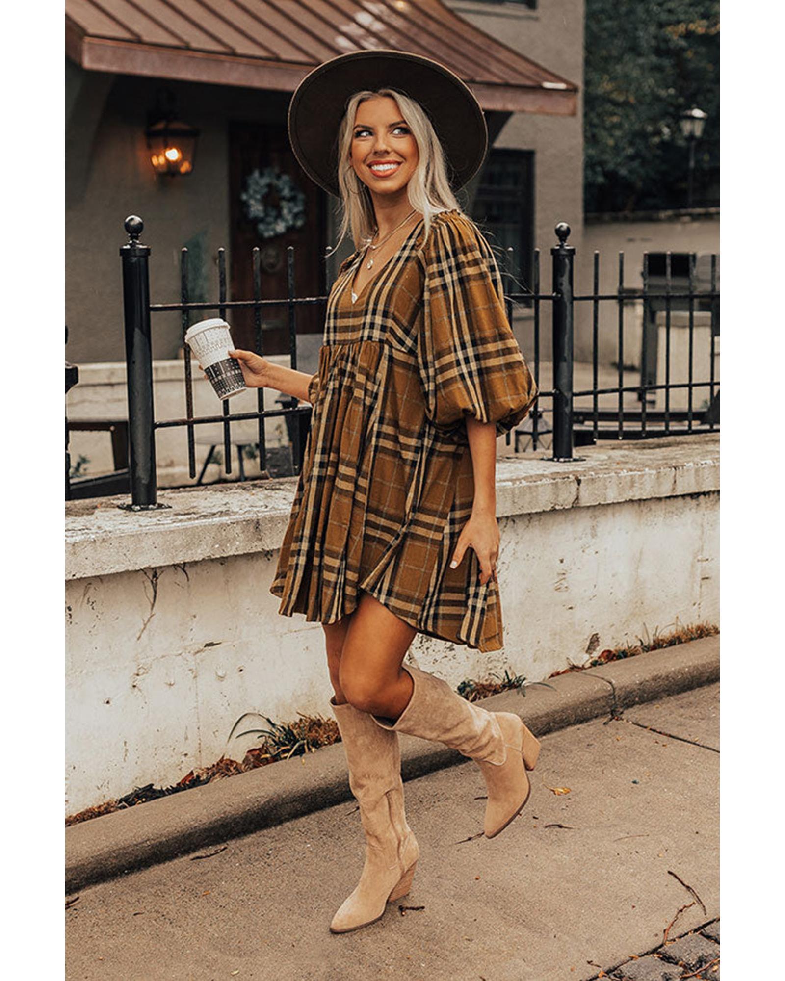 V539-AZEXDC6117629-17-L-202508300435-03 Brown Plaid Pattern Empire Waist Babydoll Dress - L - Image 4