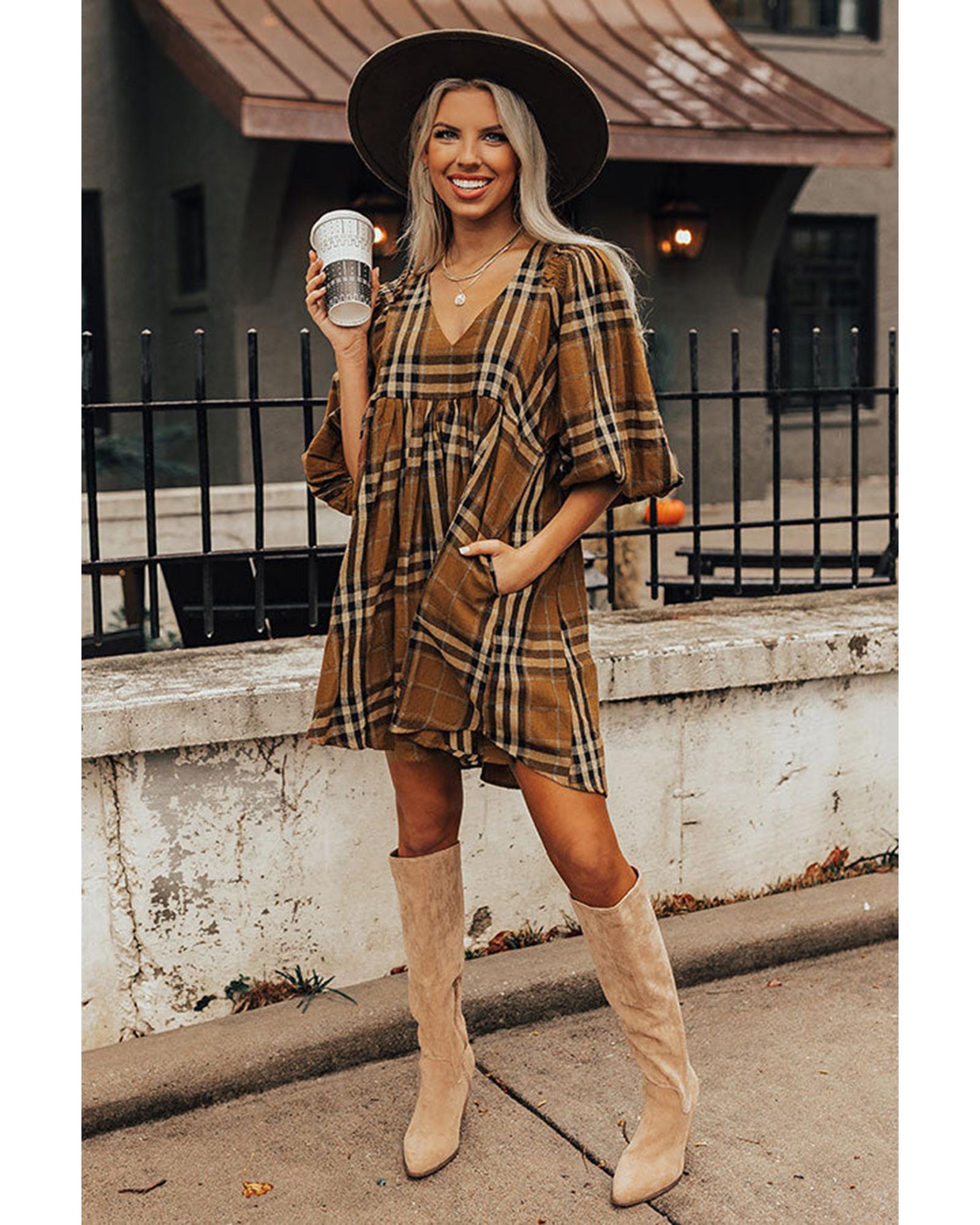V539-AZEXDC6117629-17-L-202508300435-07 Brown Plaid Pattern Empire Waist Babydoll Dress - L - Image 8