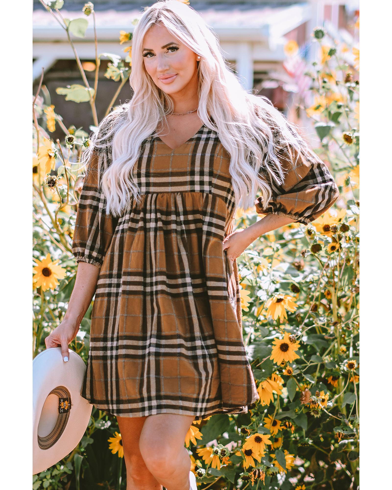 V539-AZEXDC6117629-17-M-202508300605-04 Brown Plaid Pattern Empire Waist Babydoll Dress - M - Image 5