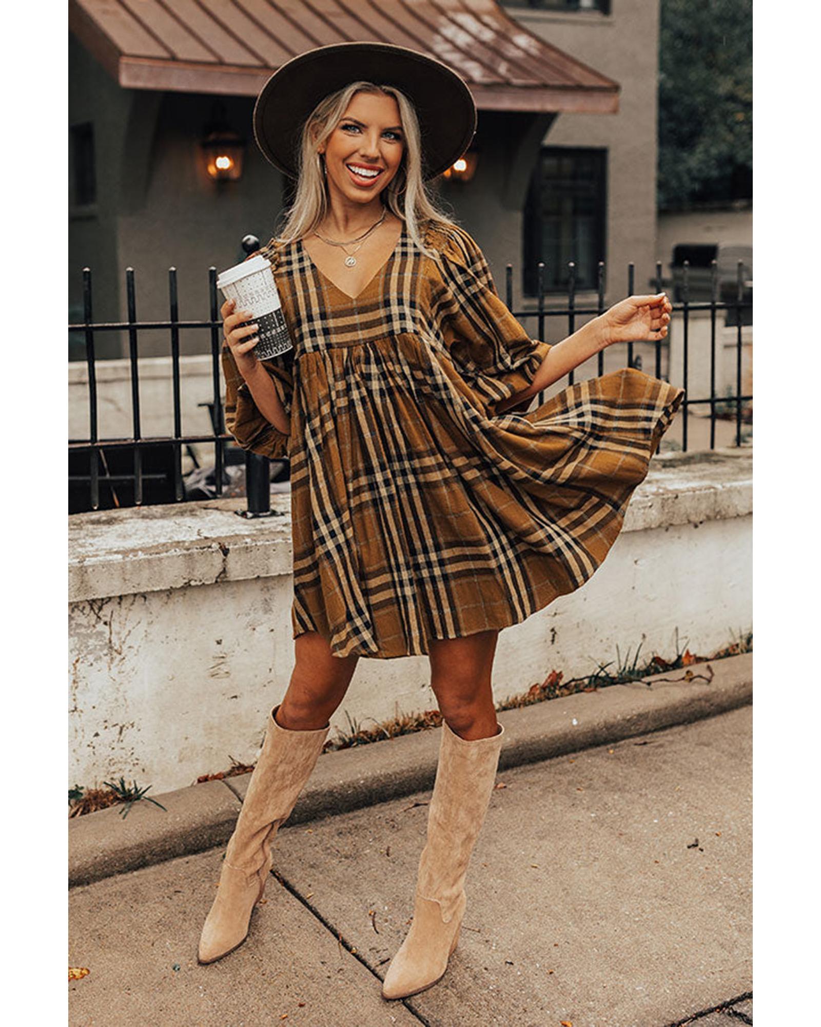 V539-AZEXDC6117629-17-S-202506141132-01 Brown Plaid Pattern Empire Waist Babydoll Dress - S - Image 2